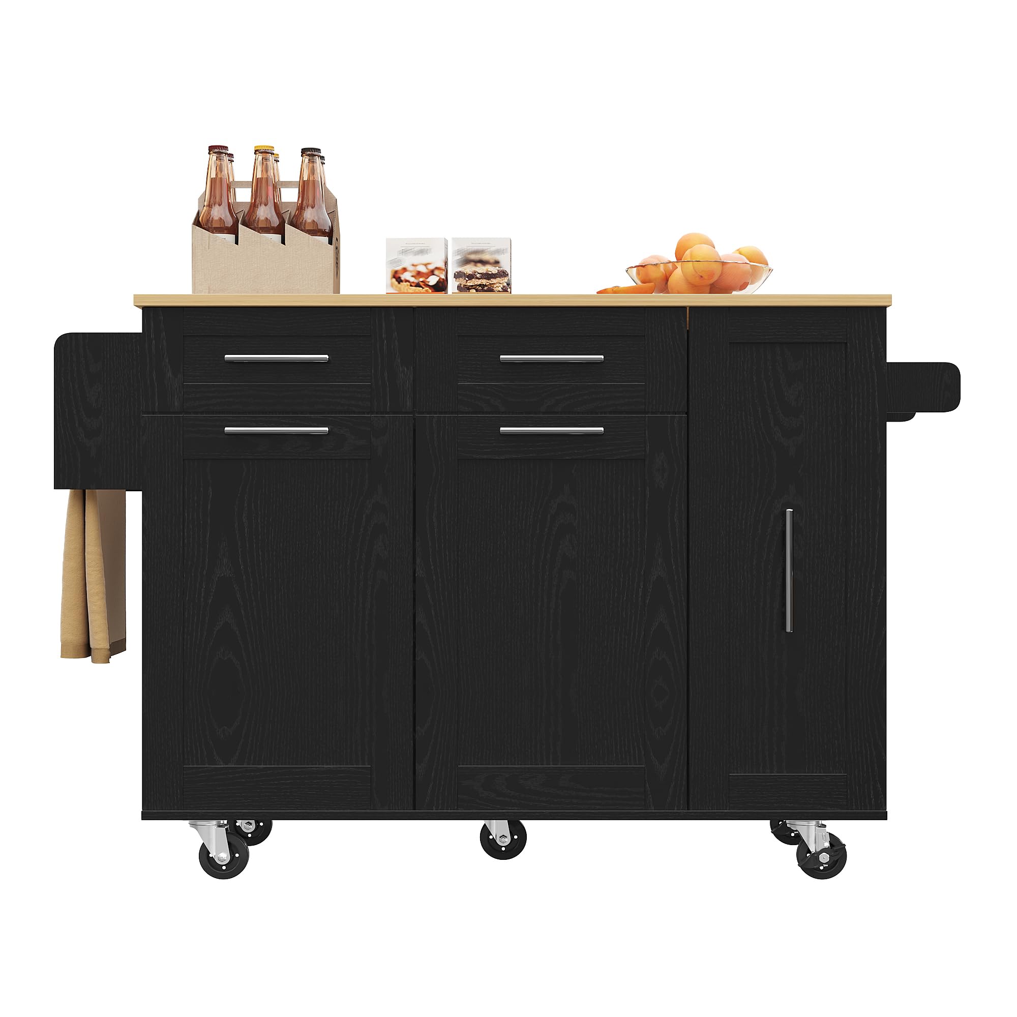 Isola da cucina moderna con venature del legno, nero, armadio da cucina, armadietto da buffet, carrello da pranzo con ripiani per snack e armadi funzionali