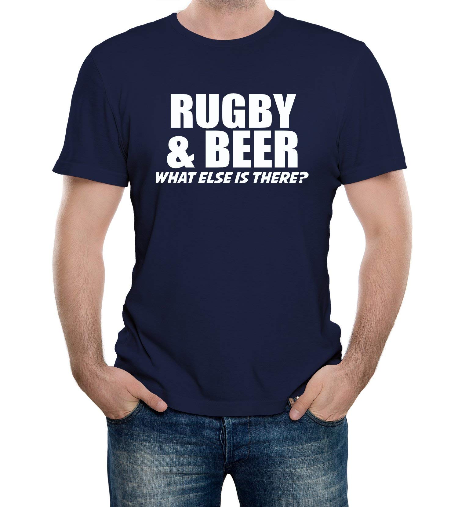 Reality Glitch Men's Navy Rugby And Beer What Else Is There? Funny Novelty Drinking Slogan Gift T-Shirt (Large, Blue)