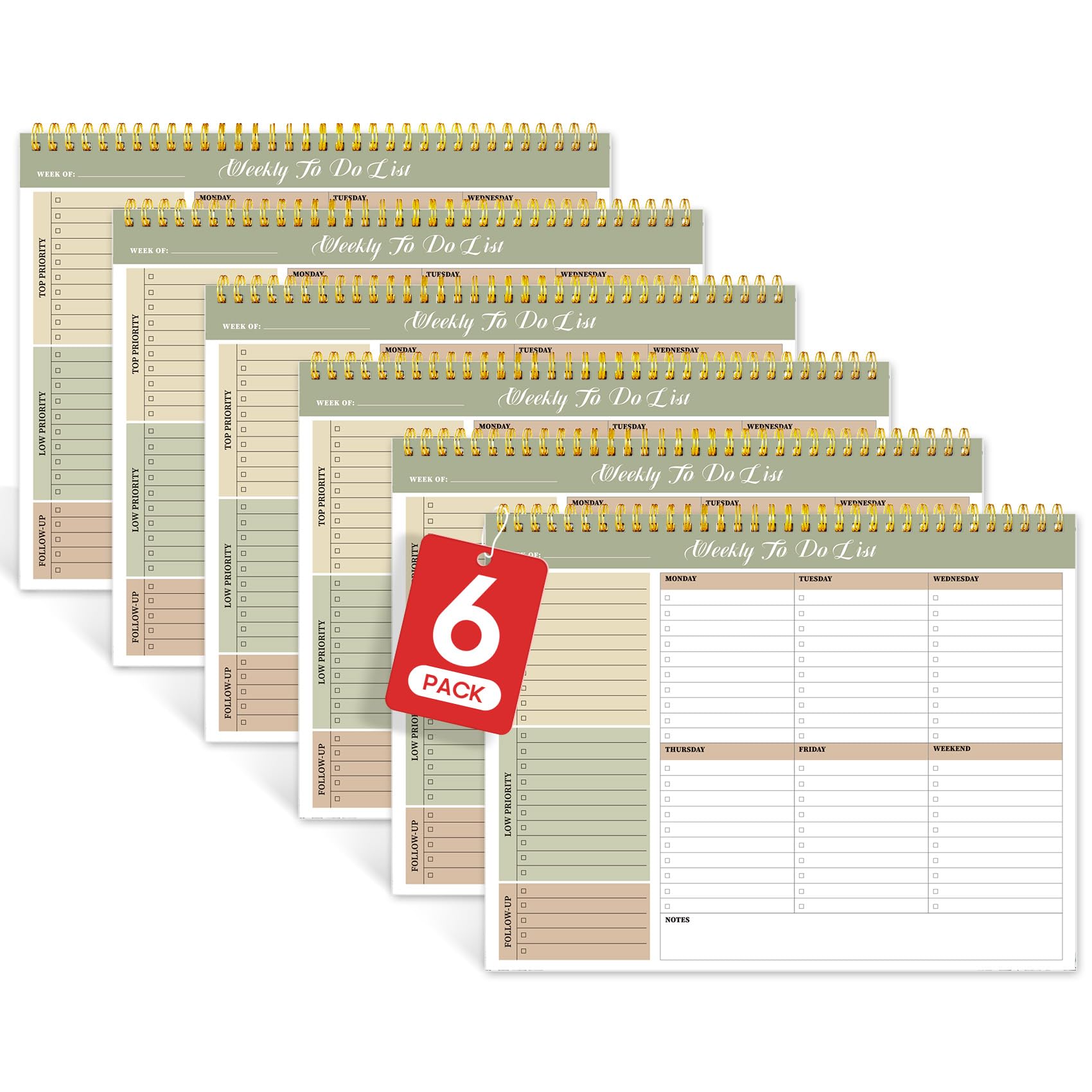 Bloc de notas semanal de lista de tareas con 52 hojas sin fecha (8.5 x 11 pulgadas), paquete de 6, bloc de notas semanal sin fecha para accesorios y suministros de escritorio de oficina, sombras de