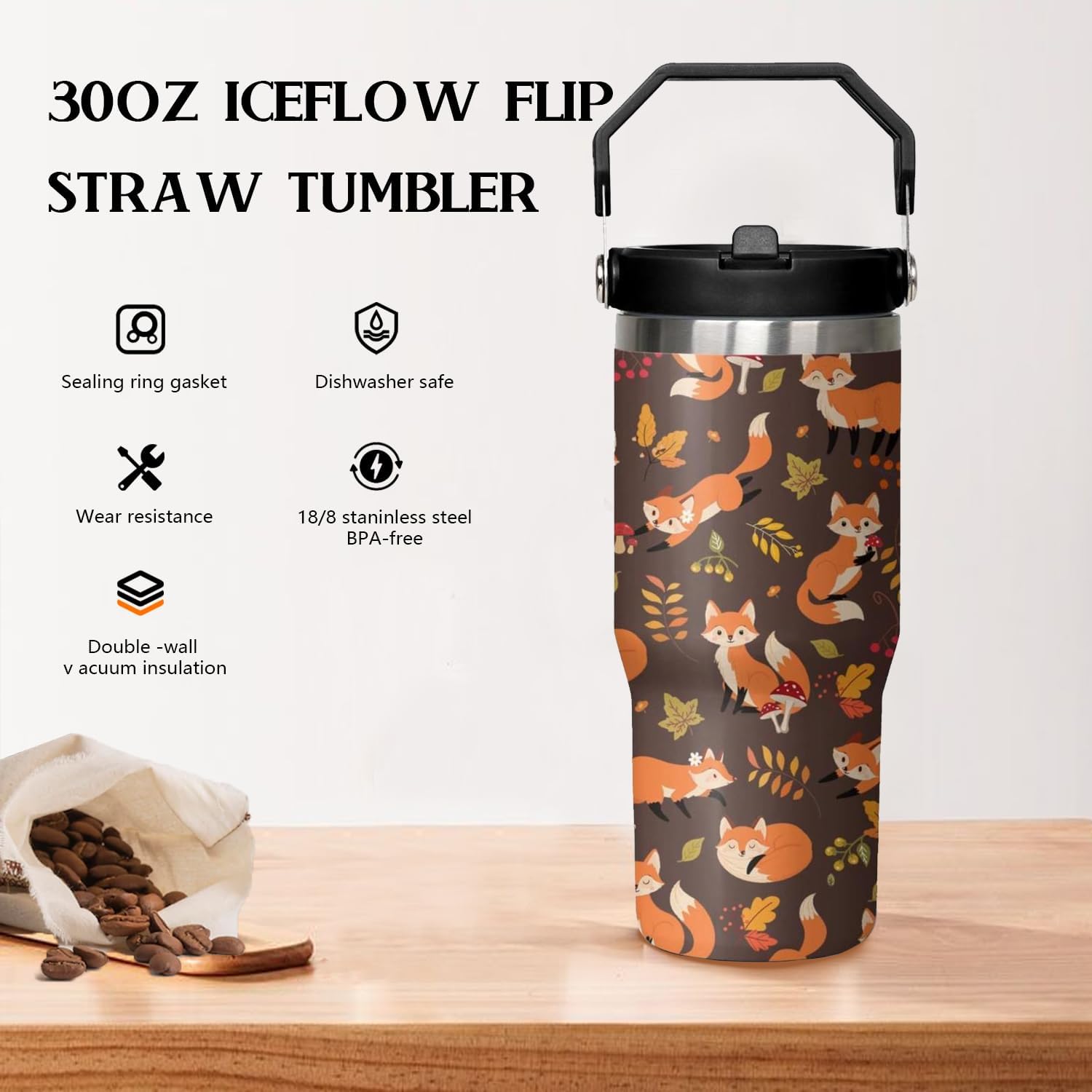 30 oz Fox Flip Tumbler with Straw and Lid, Travel Mug Cup for Hot and Cold Drinks for Fox Lovers - Image 3