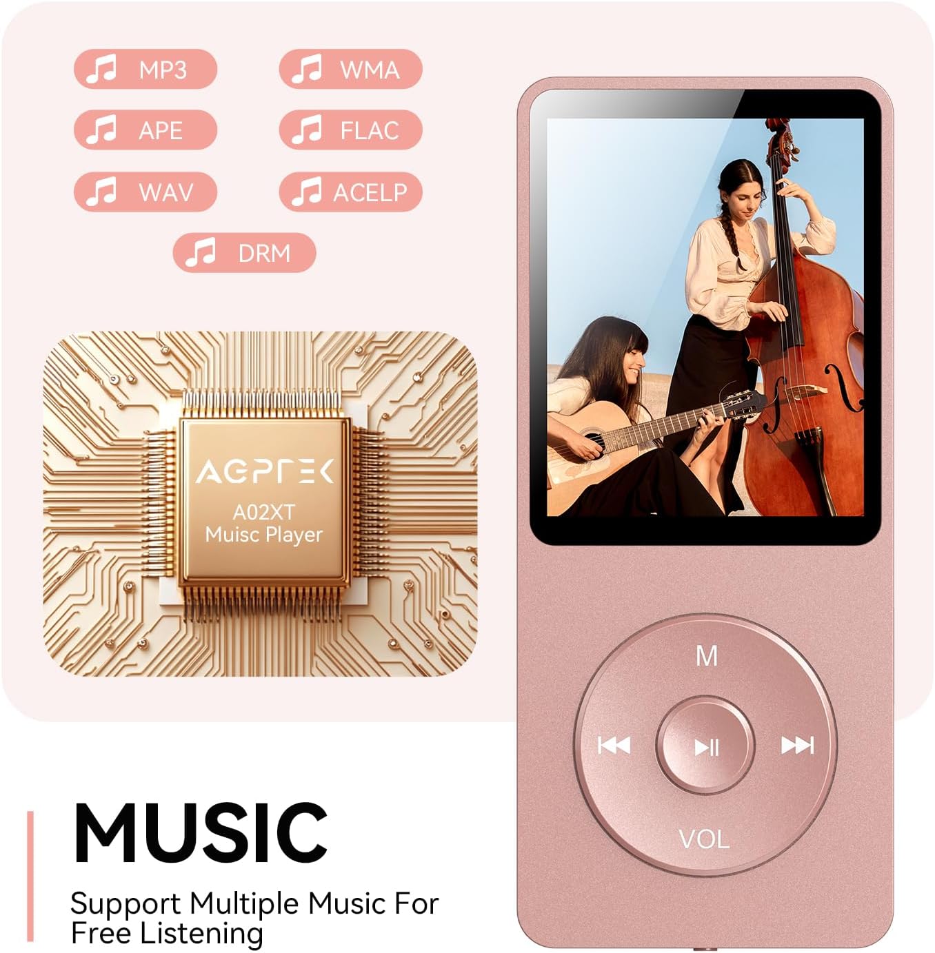 AGPTEK A02XT MP3 Player displaying music playback and supported audio formats