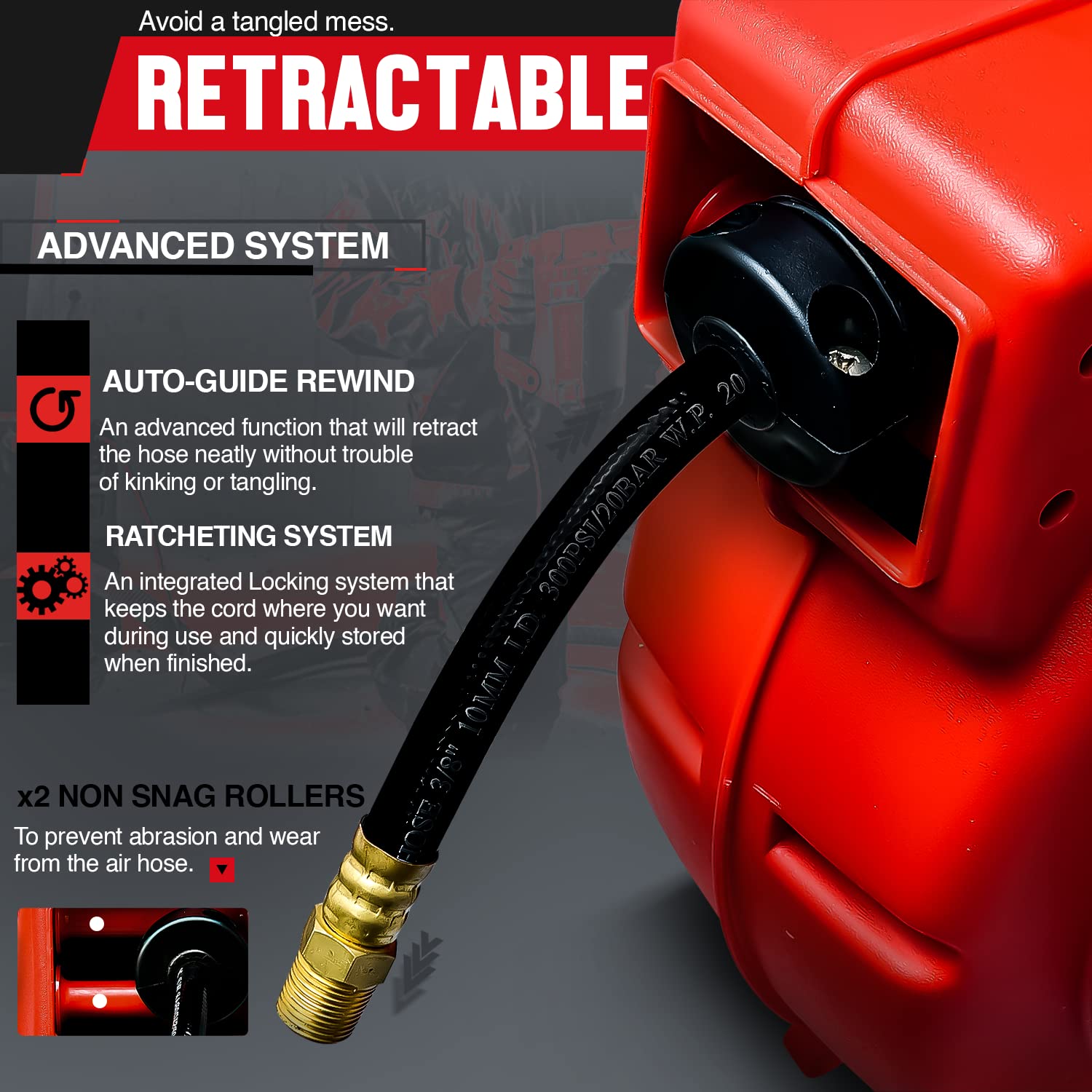 REELWORKS Air-Water-Hose-Reel Retractable 3/8" Inch x 50’ Feet Premium Commercial Flex Hybrid Polymer Hose Max 300 PSI Heavy Duty Polypropylene Case Construction Industrial Spring Driven: Tools & Home Improvement