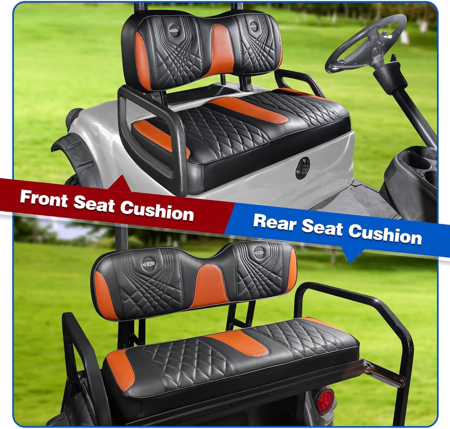 NOKINS 4PCS Golf Cart Seat Covers Kit, Front and Rear Seat Covers Fits YAMAHA/G29/Drive2 Standard Seat Cushion, Yamaha Accessories Vinyl Replacement Seat Covers (Gradient Diamond Black&Brown)