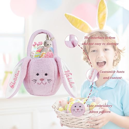 Miniatura 3 de Cesta de Pascua personalizada con nombre de felpa y lindas bolsas de cubo de conejo de Pascua, cestas personalizadas con orejas de conejo con asa,
