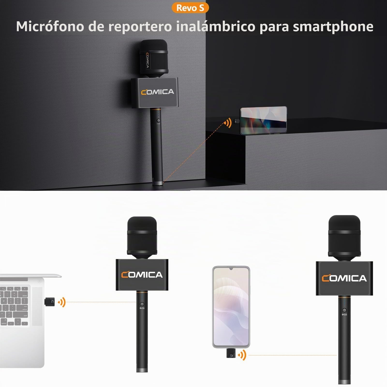 COMICA Revo S Micrófono Inalámbrico para Reporteros Compatible con Windows y Mac OS, Compatible con Reducción de Ruido con una Sola tecla y Cápsula de Micrófono de Condensador de 14 mm para Teléfonos