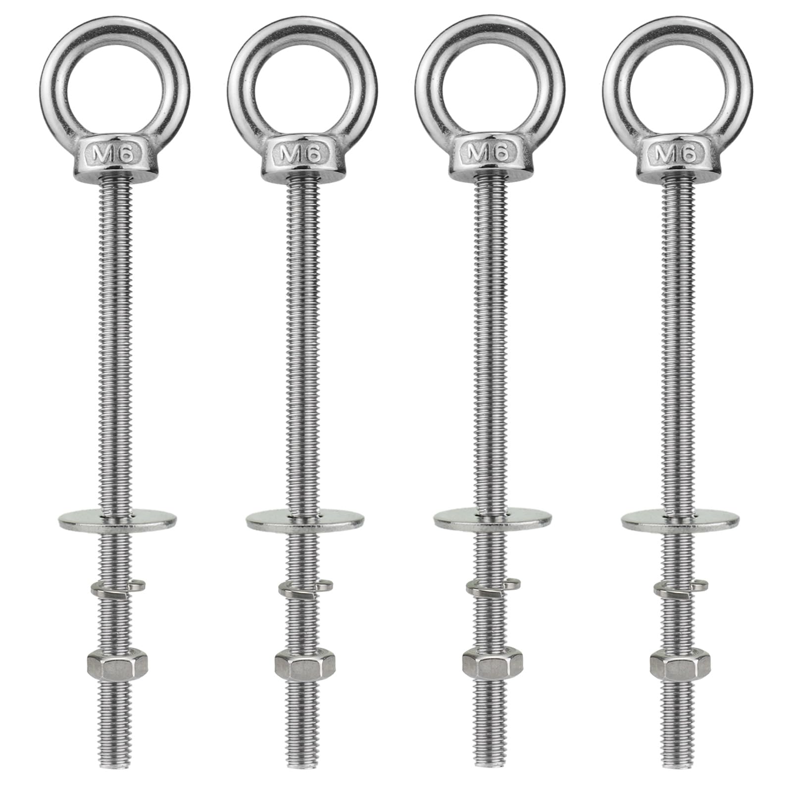 QWETRY M6 Stainless Steel Eye Bolt with Nuts 4 Pack, M6 x 100mm (1/4" x 4 inch) Long Ring Shoulder Lifting Eye Bolt for Swing, Male Screw Threaded Eyebolt kit Tie Down Outdoor Indoor