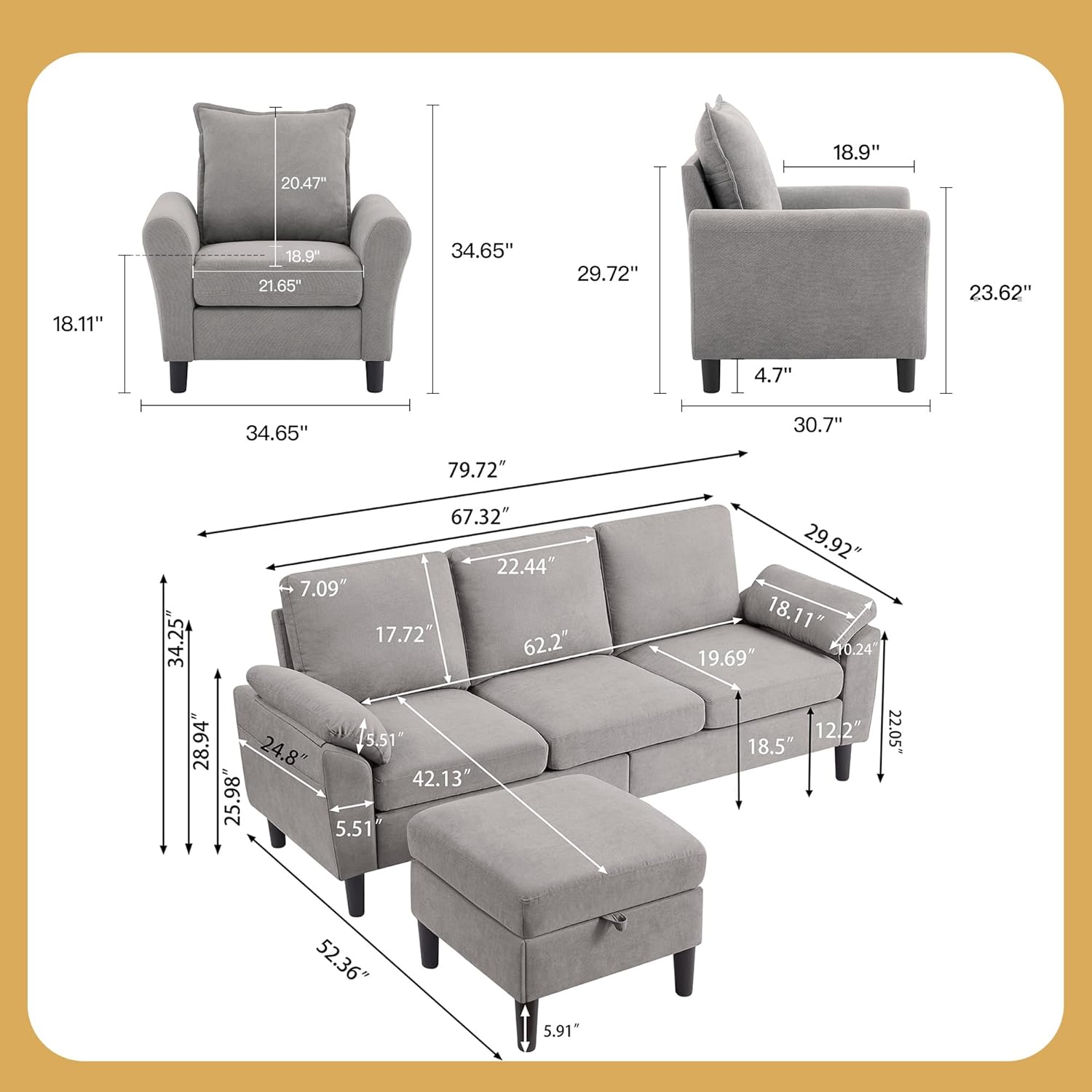 2 Piece Couches Set for Living Room, Convertible L Shaped Sofas 3 Seat Couch with Ottoman and Accent Chair, Modern Linen Sofa for Small Space (Light Grey)