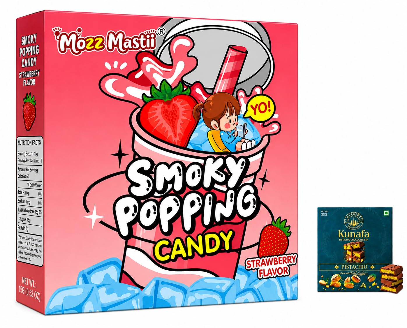 Mozz Mastii Smoky Popping Candy Strawberry Flavor 150g With Free Flavourito Kunafa Pistachio Chocolate Bar, 20g By Decadent Foods (Imported)-image-30