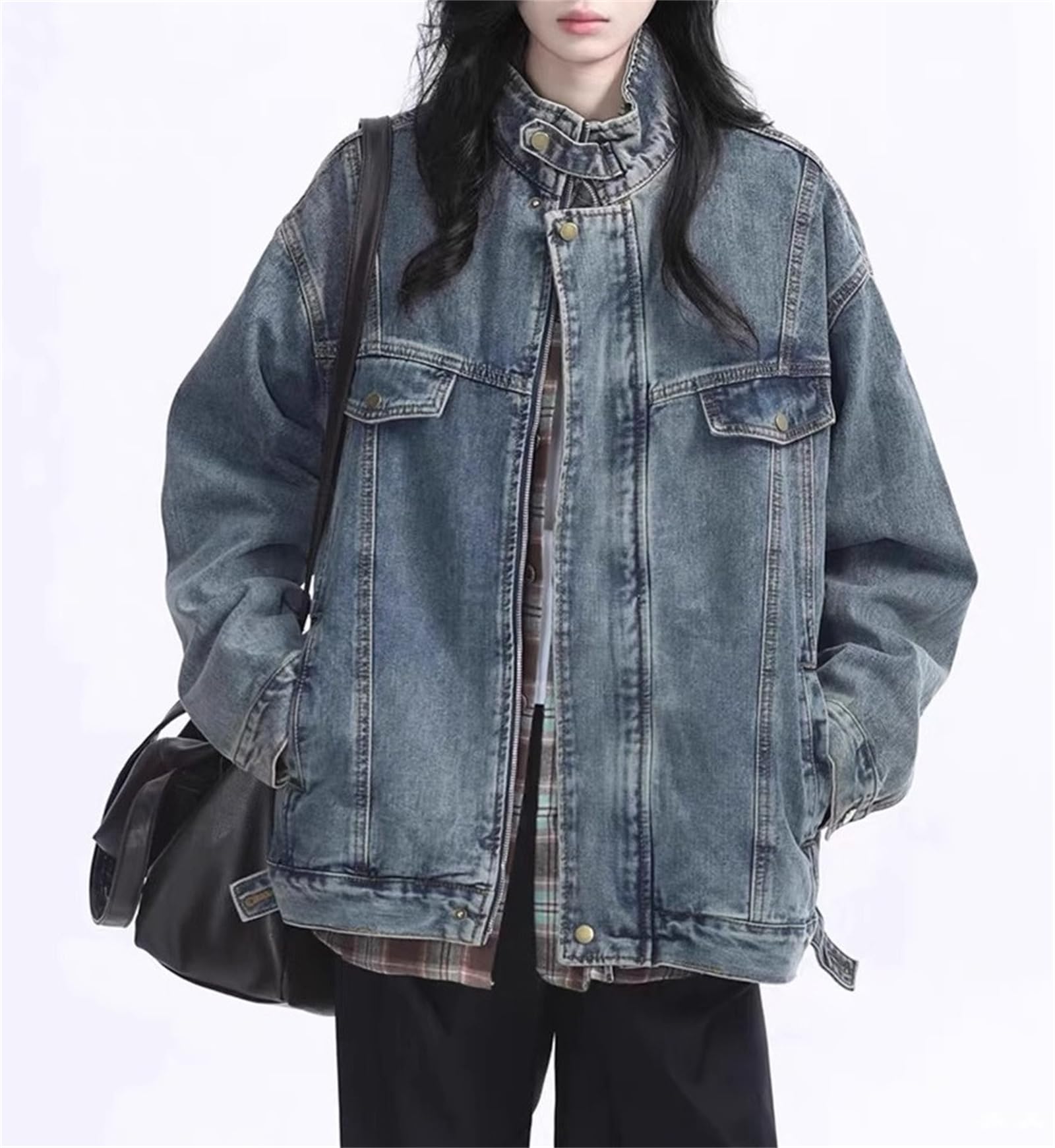 Chaqueta de mezclilla con cremallera para mujer, estilo vintage, estilo callejero, estilo camionero