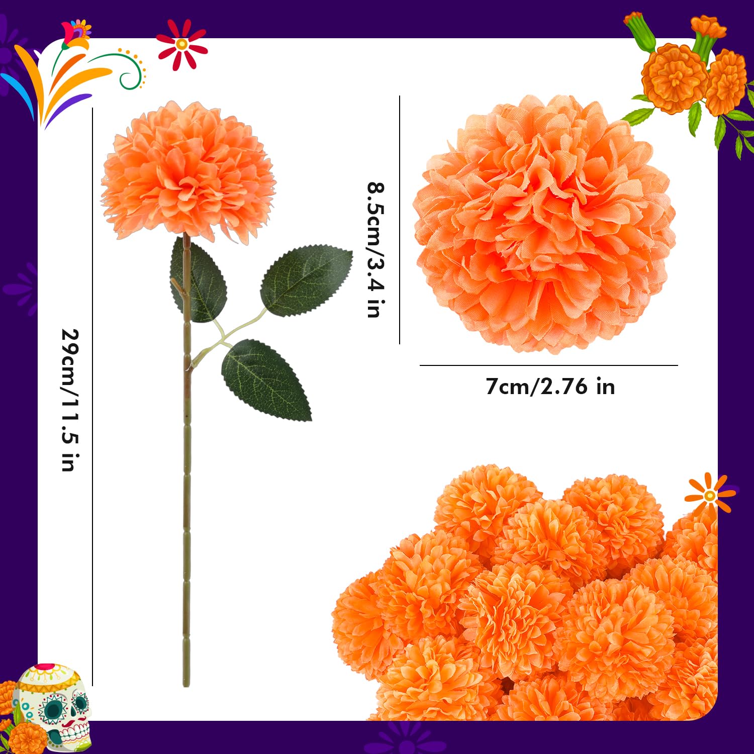 Ringelblumen-Blumen, mexikanische Seiden-Ringelblumen, künstliche Blumen mit Stielen für den Tag der Toten, Dia de Los Muertos Diwali, Dekoration, Halloween, DIY, Ringelblumen-Girlande für
