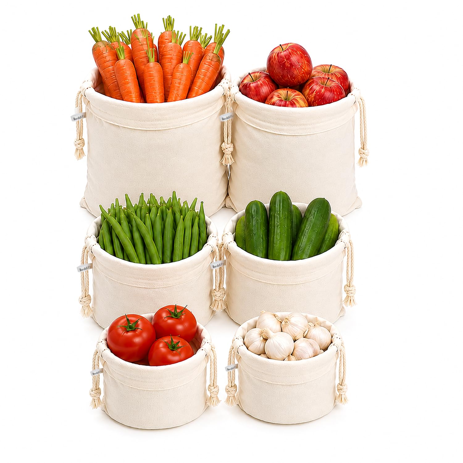 Beddify 100% Cotton Set Of 6 Reusable Fridge Storage Bags For Vegetables And Fruits Premium Multipurpose Bag (2 Small, 2 Medium & 2 Large Size Bag) - Drawstring