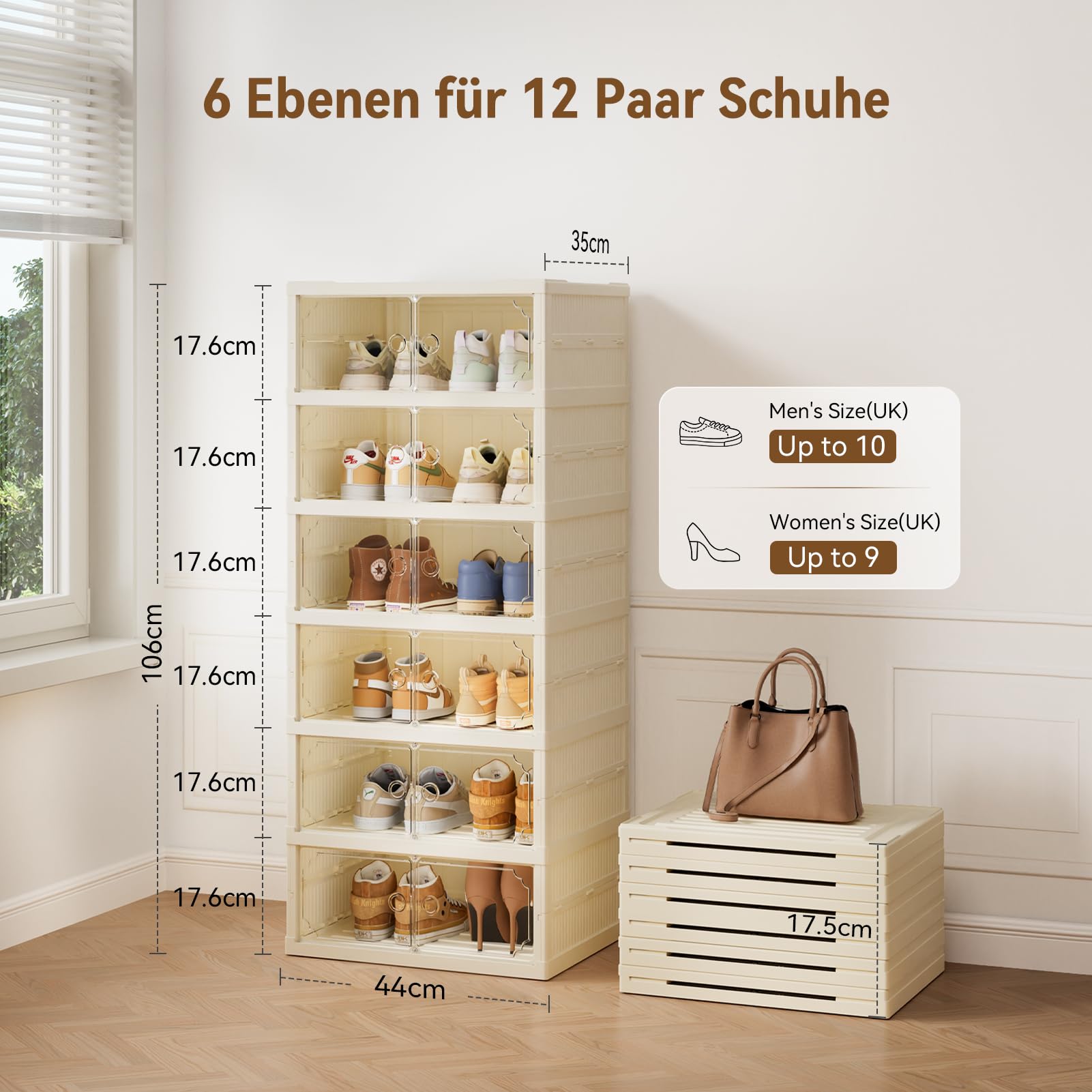 BTGGG Schuhboxen Stapelbar Transparent, 6 Etagen Faltbarer Schuhschrank für 12 Schuhe Kunststoff Schuhaufbewahrung Platzsparend Klappbarer Schuh Organizer Schuhkarton mit Haustür bis Größe 45