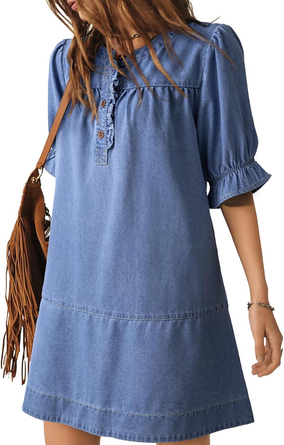 Dokotoo Women's Denim Dress 2026 Babydoll Dress Casual Ruffle Short Sleeve Button Jean Dresses