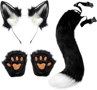Fox Costume Fox Ears Therian Tail Set Cat Wolf Ears Fluffy Furry Tail Over in Womens Costume Accessory Sets, standard, White Black