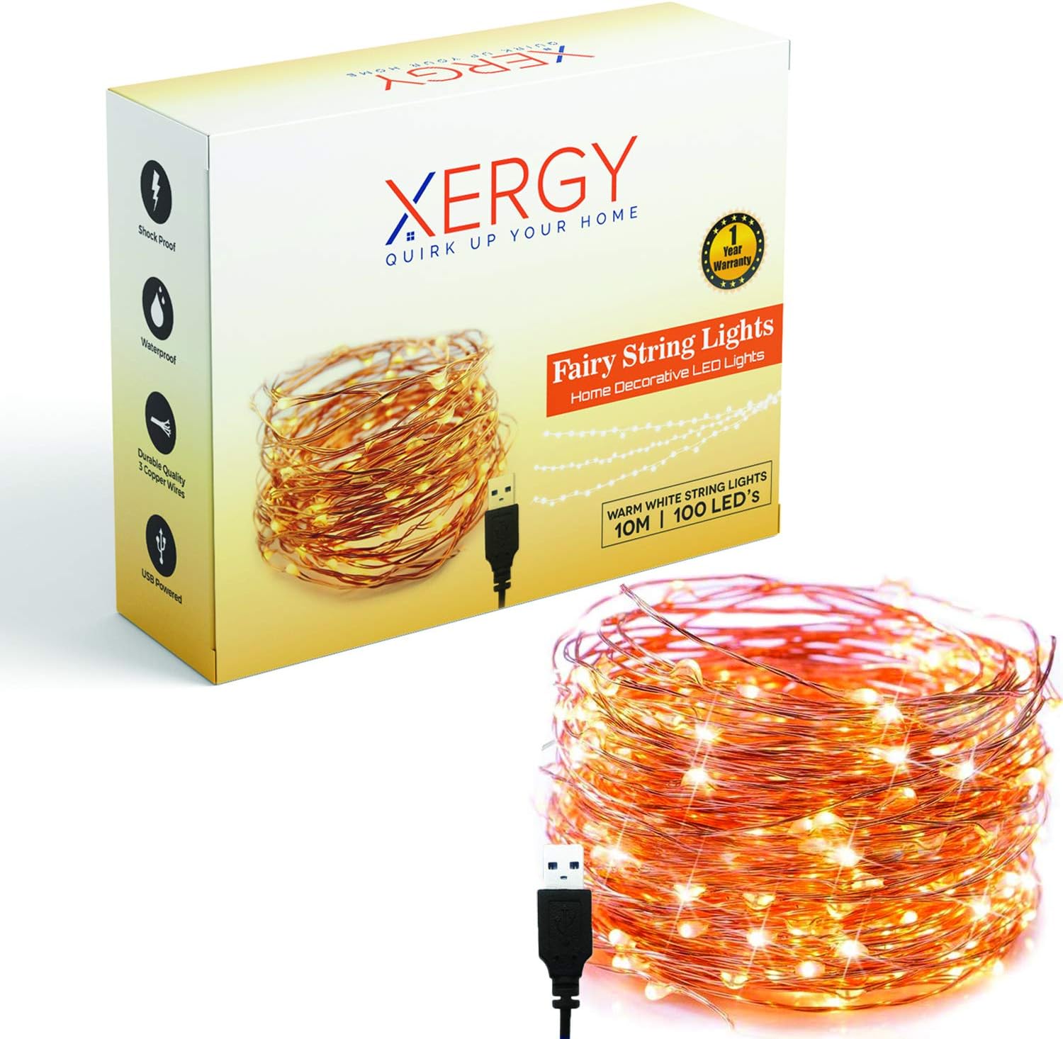 XERGY 10 M,100 LED's Fairy String Light (Copper Wires, Durable Quality) Waterproof DIY Diwali Lights for Home Decoration - USB Powered (USB Wire Length - 1 M)