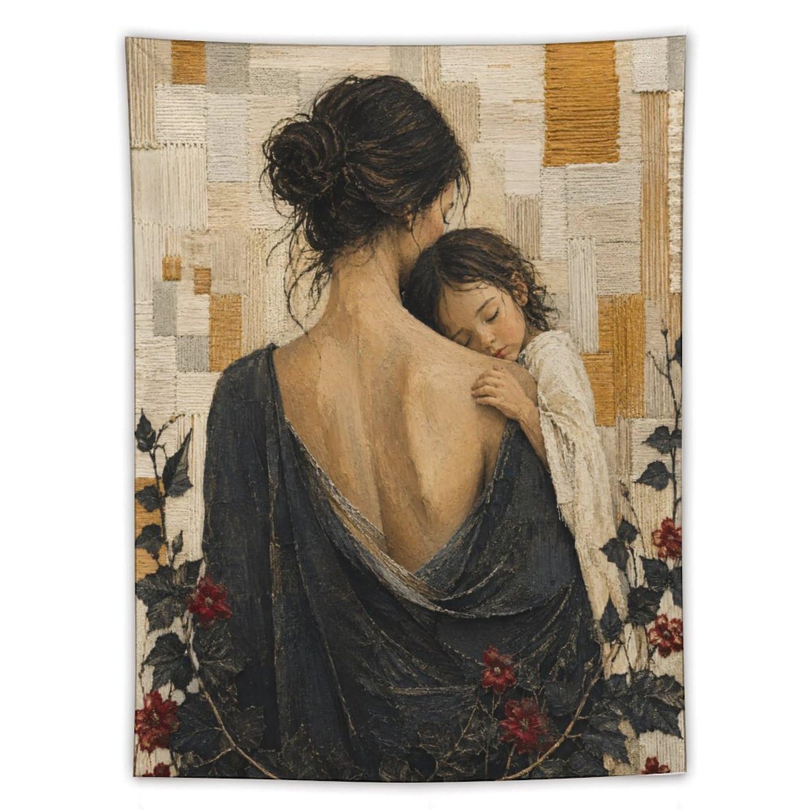 W7C8U2X3 Mother and Child Back View Wall Tapestry, Oil Painting, Bedroom
