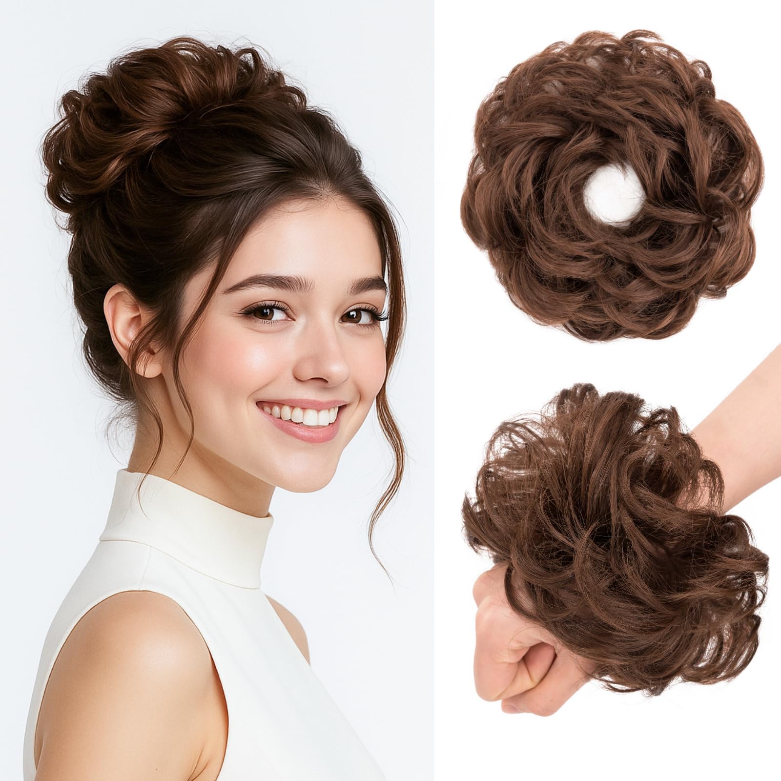 Benehair Messy Bun Hair Piece Curly Wavy Hair Scrunchies Messy Bun Scrunchie Synthetic Donut Updo Hair Pieces for Women Girls (Chocolate Brown