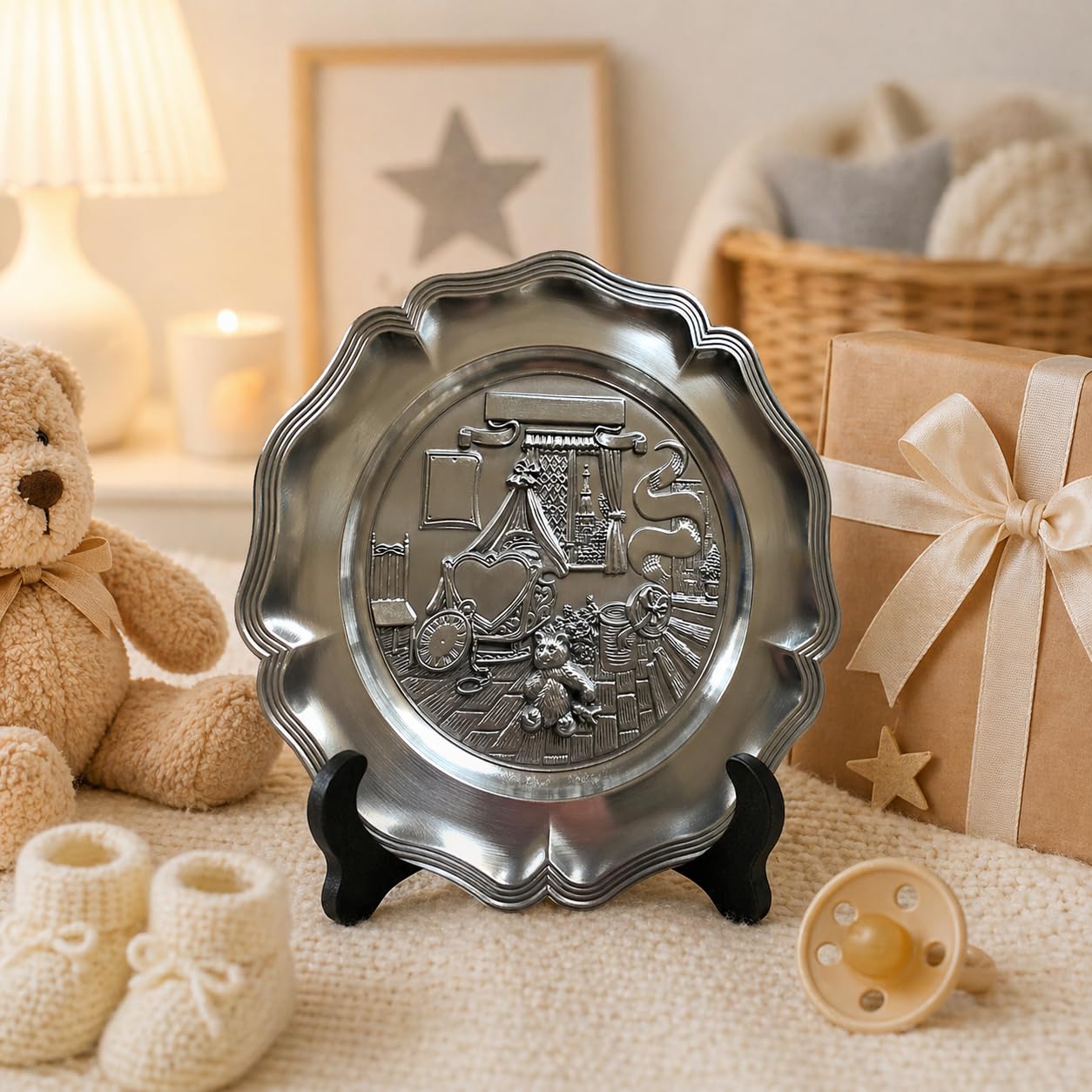 Generisch Personalisierter Zinnteller zur Geburt und Taufe-Handgefertigtes Erinnerungsstück mit Name,Datum,Gewicht und Uhrzeit-Geschenk für Baby und Familie-Teddybär-Motiv,Größe: Ø 225 mm