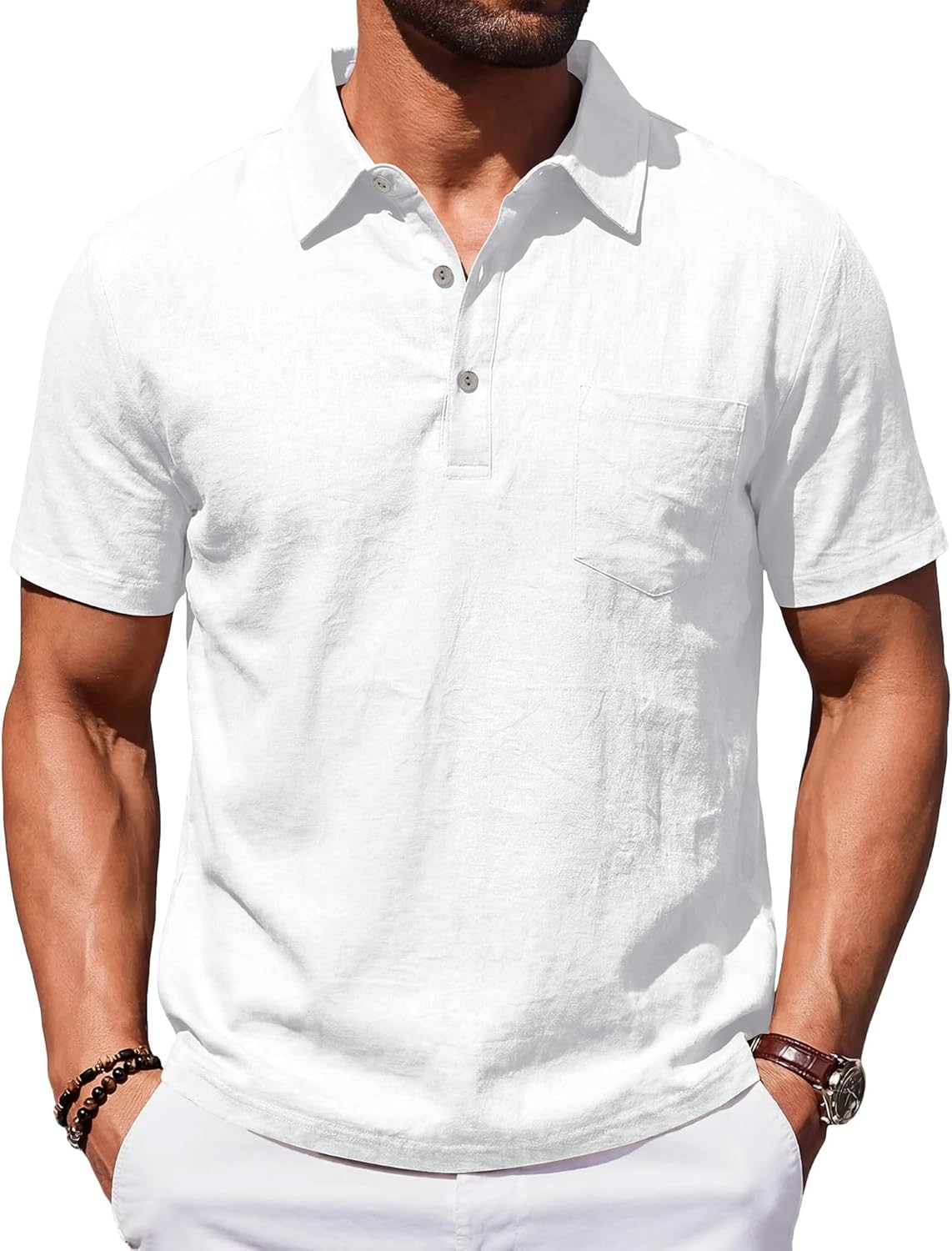 TRFIC Mens Polo Shirts Short Sleeve Golf Shirts for Men Linen Casual Summer Classic Collar Shirts with Pocket White