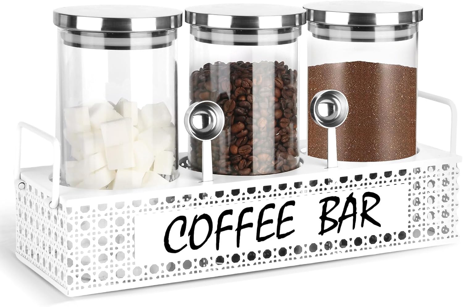 Glass Coffee Containers with Shelf 3x 47oz Coffee Station Organizer Glass Coffee Bean Storage with Spoon Coffee Canister Set Jars for Coffee Bean Ground Nuts