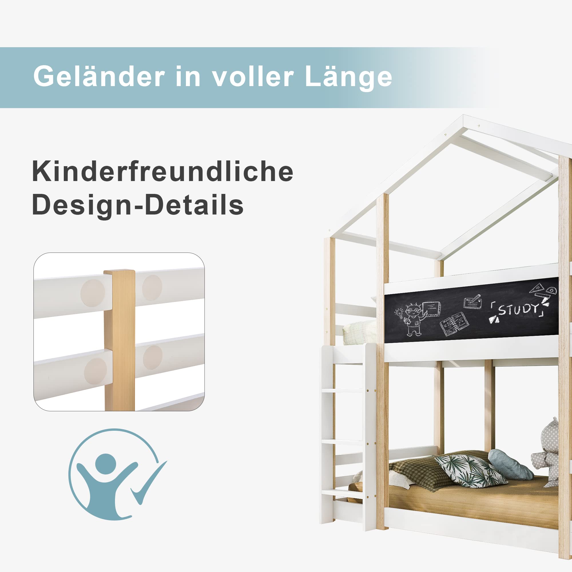 HESHU Kinderbett Etagenbett 90x200 cm, Hausbett mit Rutsche und Tafel, Hochbett für 2 Kinder, Funktionsbett Stockbett mit Lattenrost, Weiß+Natur, ohne Matratze
