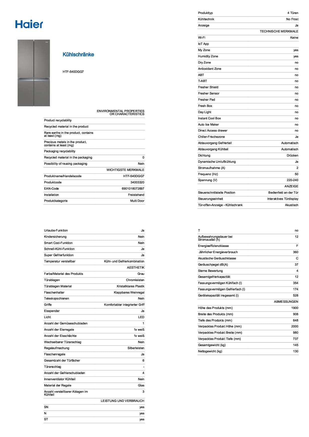 Haier Cube 90 Series 3 HTF-540DGG7 - Frigorífico 4 Puertas, Función Vacaciones, Botellero, Motor Inverter, CajónMy Zone, Cajón Humidity Zone,Total No Frost, 90cm, Capacidad 528L, Inox