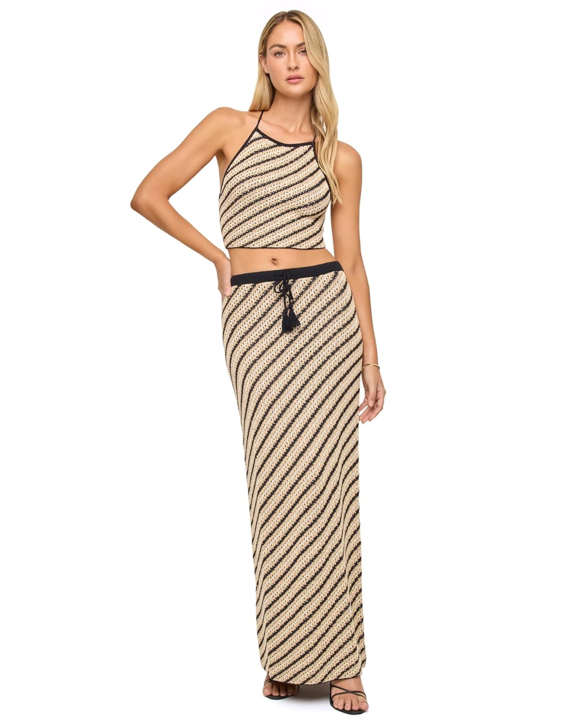 L Space Bianca Skirt for Women Fitted Crochet Midi with Adjustable Waist Neutral Colors 100 Cotton