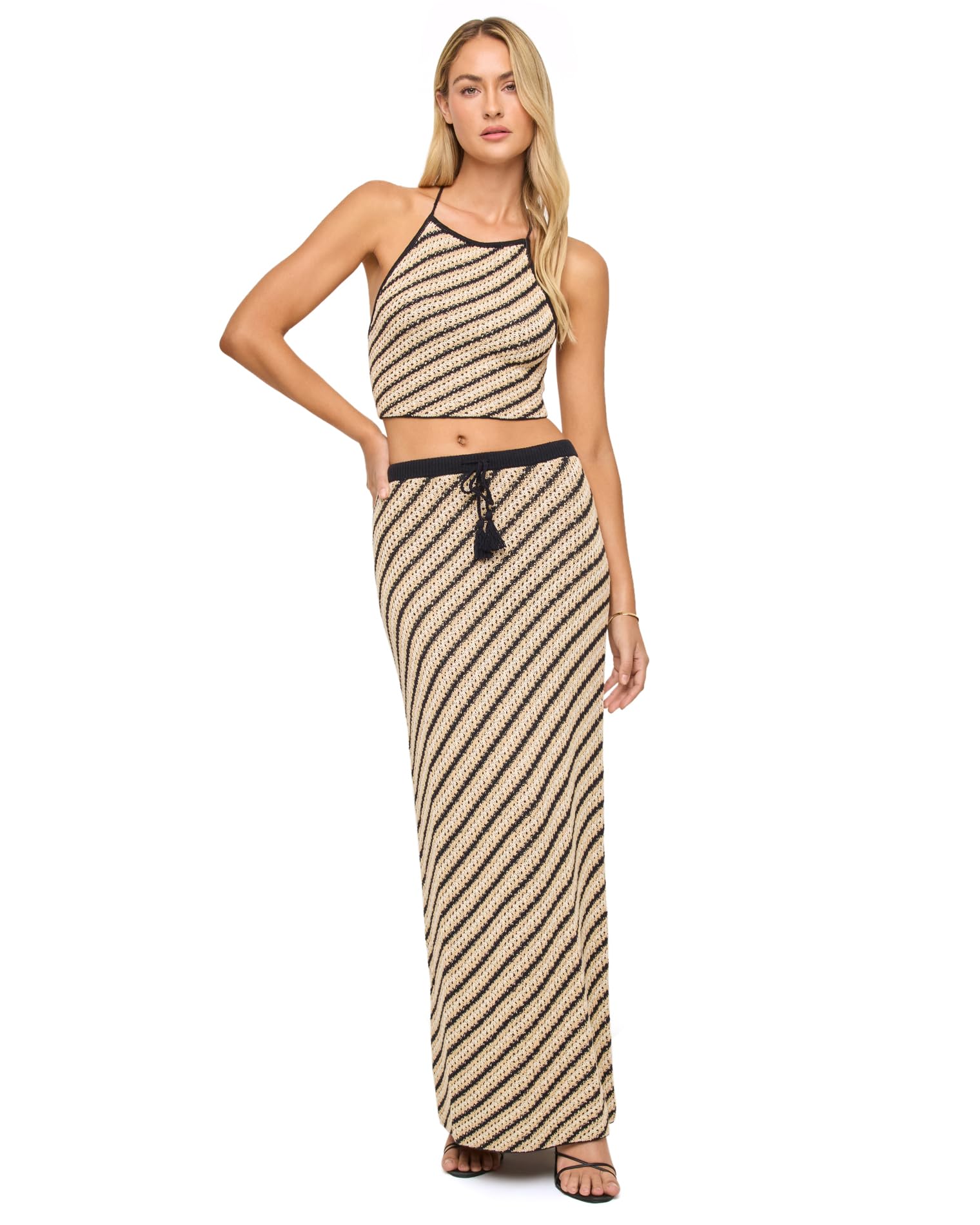 L Space Bianca Skirt for Women Fitted Crochet Midi with Adjustable Waist Neutral Colors 100 Cotton