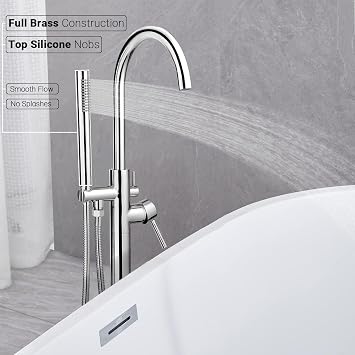 Free Standing Tub Taps, Floor Mount Freestanding Bath Tap, Brass Stand Alone Bathtub Filler, High Flow Bathtub Shower Mixer Tap | No shaking, rust-resistant, high flow, 360 swivel, certified healthy and safe