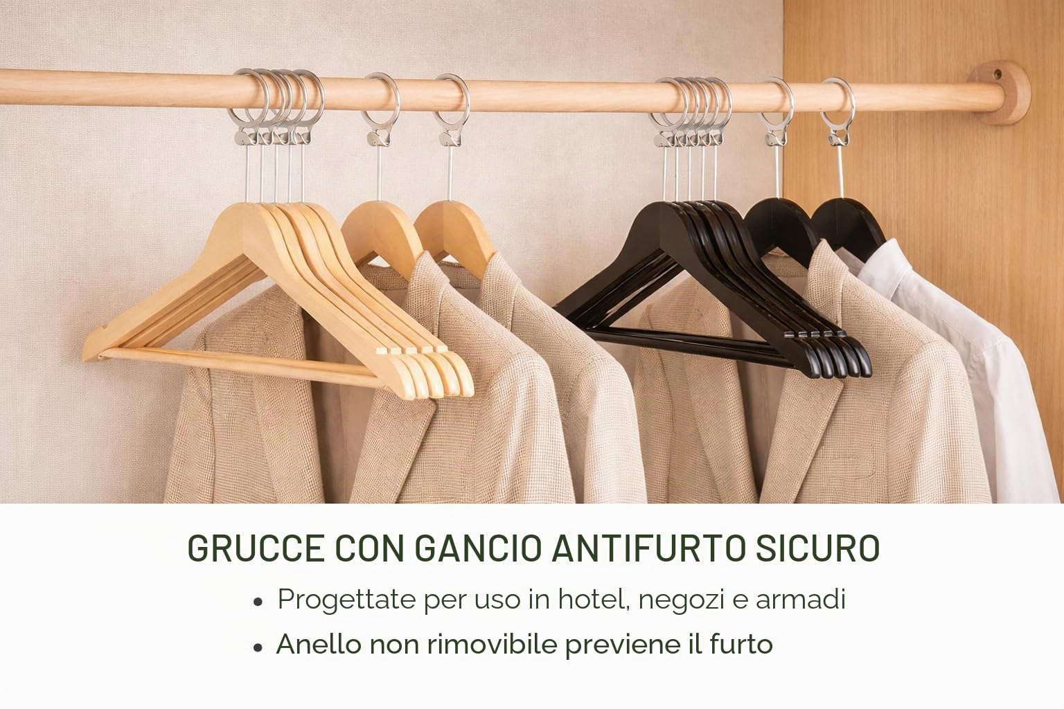 MELA'S Confezione da 50 grucce in legno antitaccheggio con anello di sicurezza – Rimovibili solo dal personale – Per hotel e uso professionale