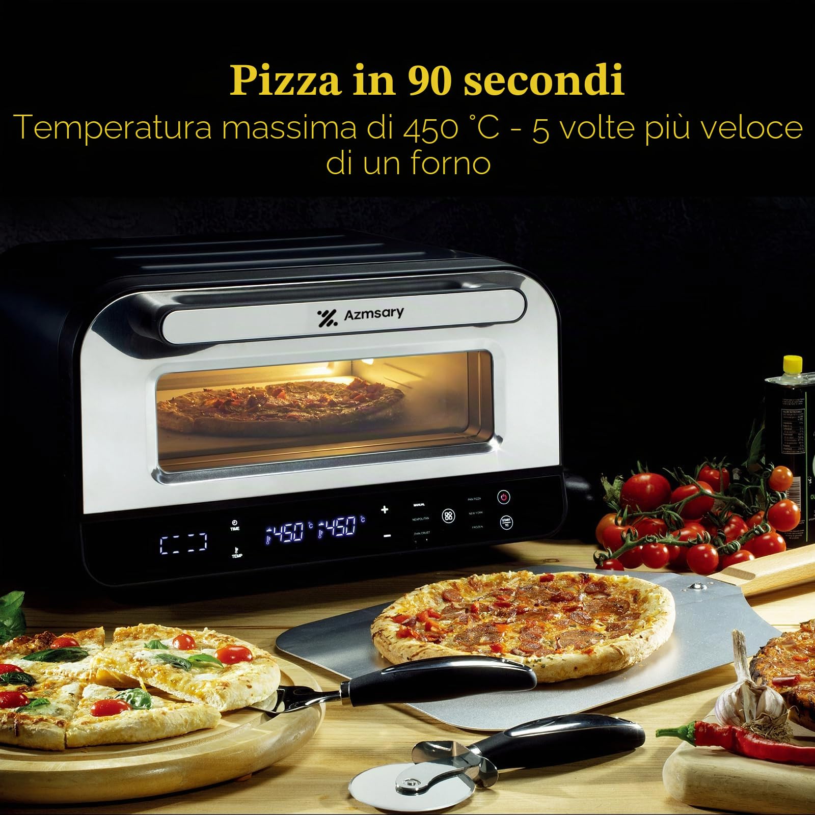 Forno per pizza elettrico - 6 programmi, 1700 W, temperatura massima 450 °C, ideale per pizze da 32 cm - 5 in 1: pizza, grill, mantenimento caldo, cottura e pasticceria