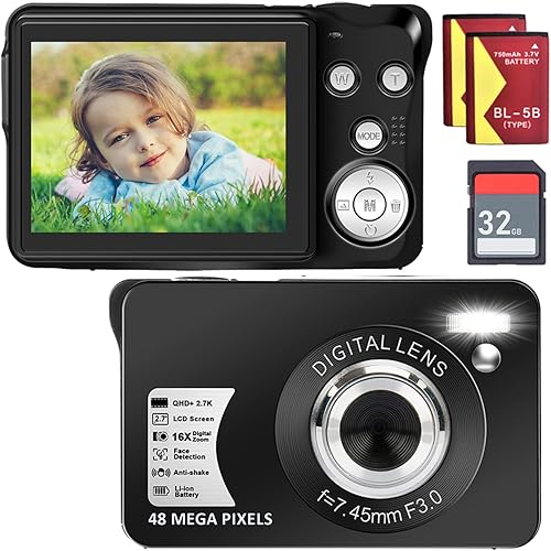 Cámara digital para niños, cámara digital 2.7K para adolescentes, niños y niñas, cámara de zoom digital 16X con tarjeta SD de 32 GB y 2 baterías