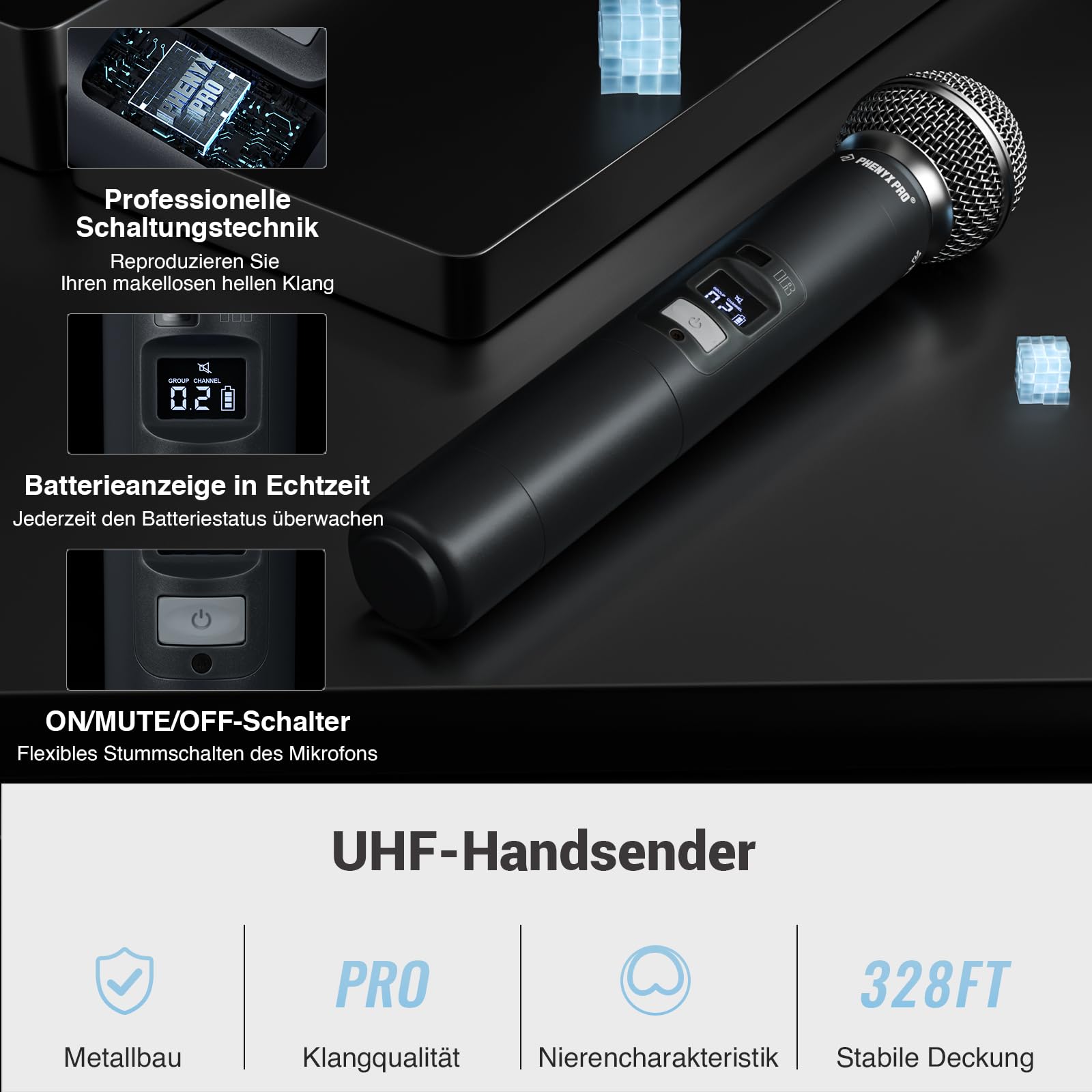 Phenyx Pro Quad Channel Wireless Mikrofon System, 4 Handheld Funkmikrofone, 4x40 Kanäle, Auto Scan, 328ft Reichweite, ideal für Gesang, Kirche, Karaoke (PTU-7000-4H)