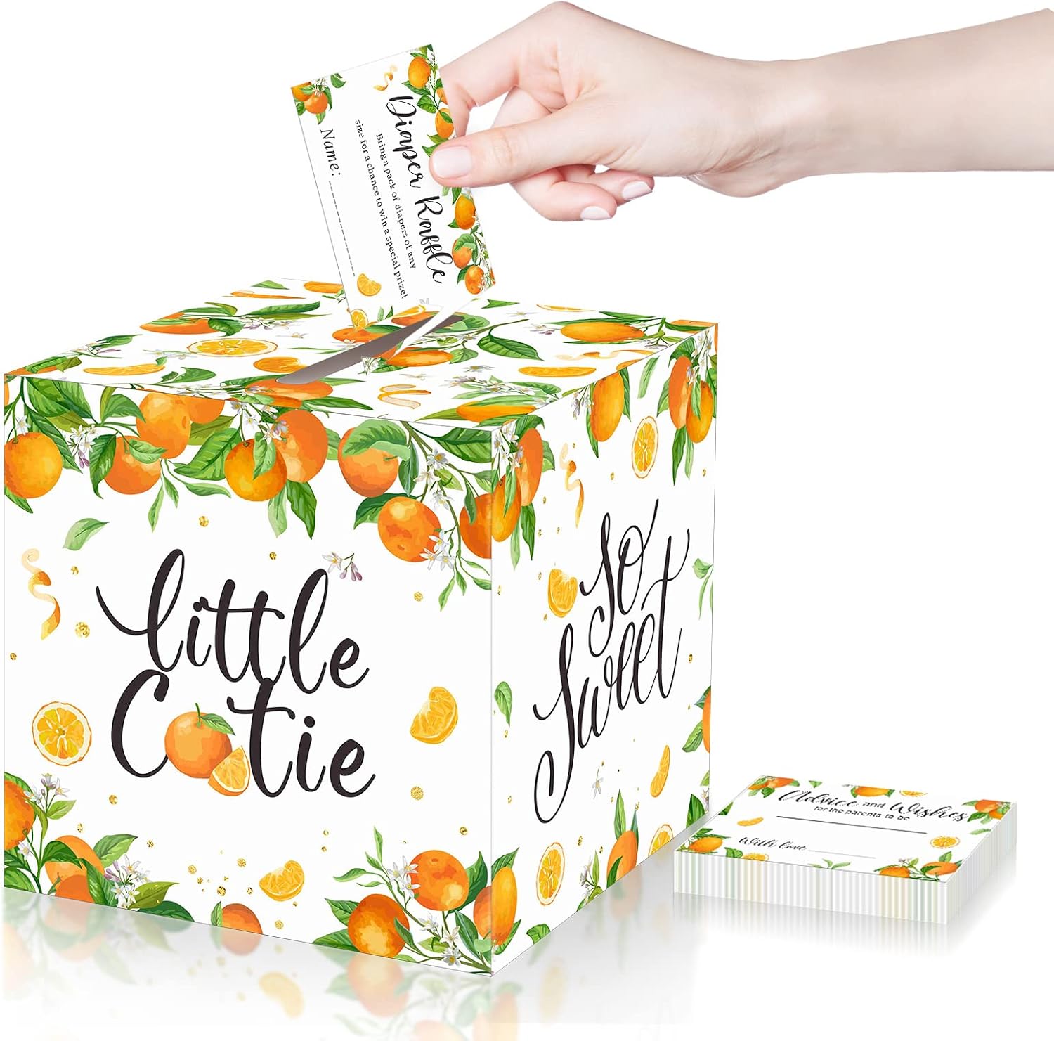 Pajean 50 Little Cutie Orange Diaper Raffle Tickets with Box Baby Shower Party Supplies Summer Tangerine Theme Orange Card Box for Baby Shower Game Invitation Insert and Decor