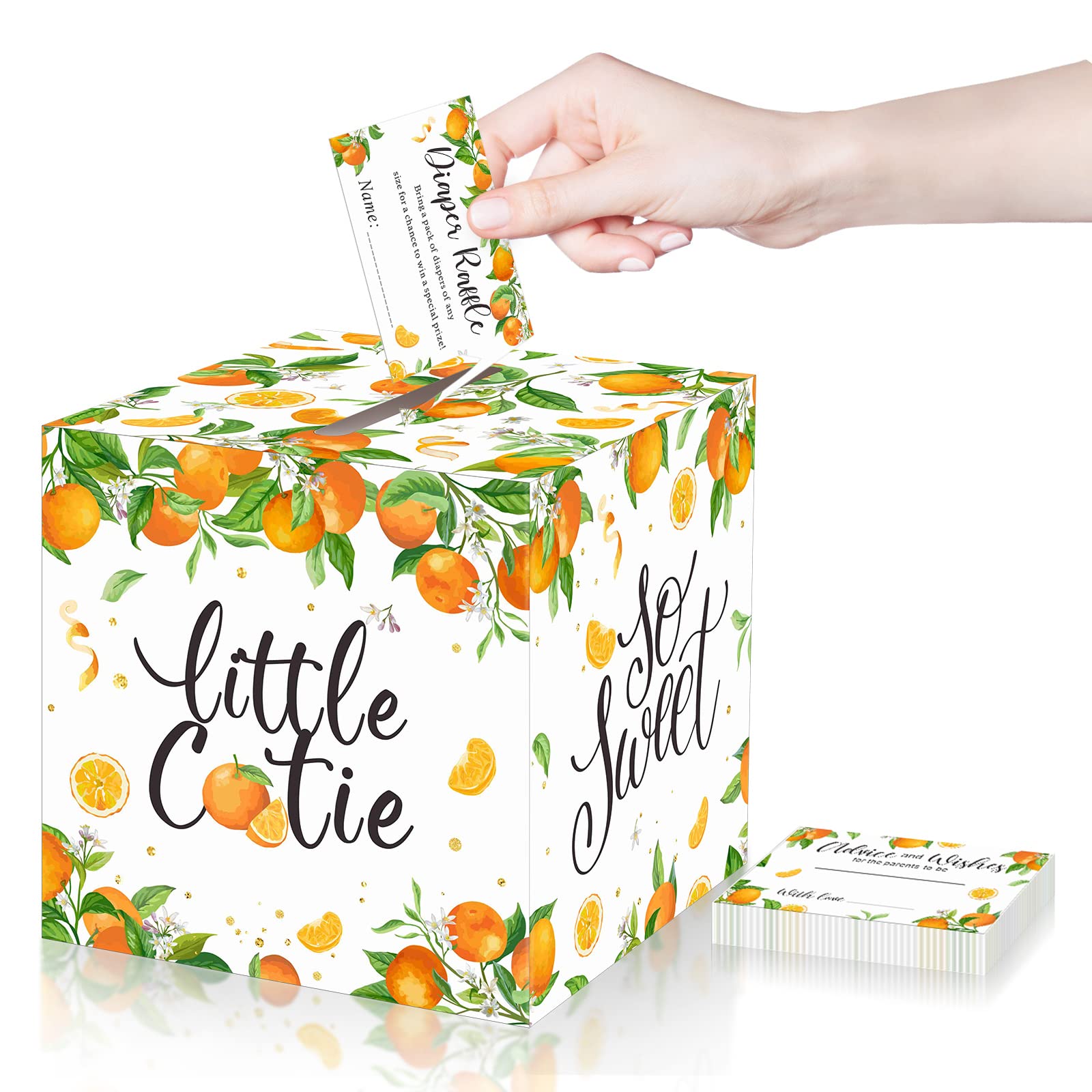 Pajean 50 Little Cutie Orange Diaper Raffle Tickets with Box Baby Shower Party Supplies Summer Tangerine Theme Orange Card Box for Baby Shower Game