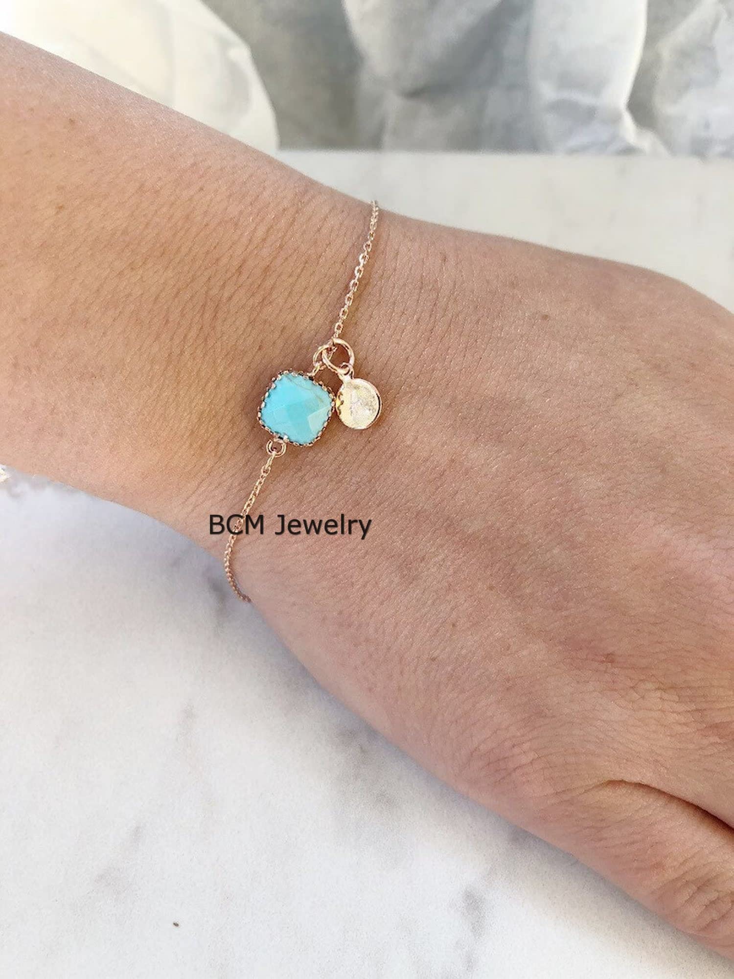Pulsera de oro rosa de 14 quilates con superposición de plata de ley maciza con una inicial para mujeres, hombres y niñas, joyería de pulsera turquesa