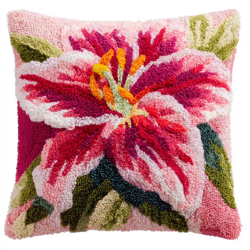 Taxpy Latch Hook Kits, Pink Lilies Pillow with Printed Canvas Handmade Cushion Crochet Yarn Embroidery DIY Hook and Latch Kit Pillowcase Decoration 43x43cm