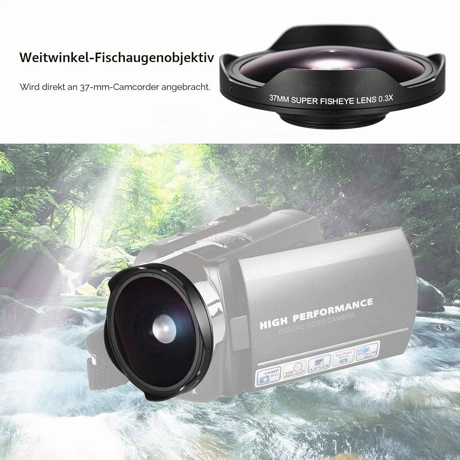 Namolit 37 mm 0,3 x HD Ultra Weitwinkel-Fischaugenobjektiv mit Haube, Ersatz für Camcorder