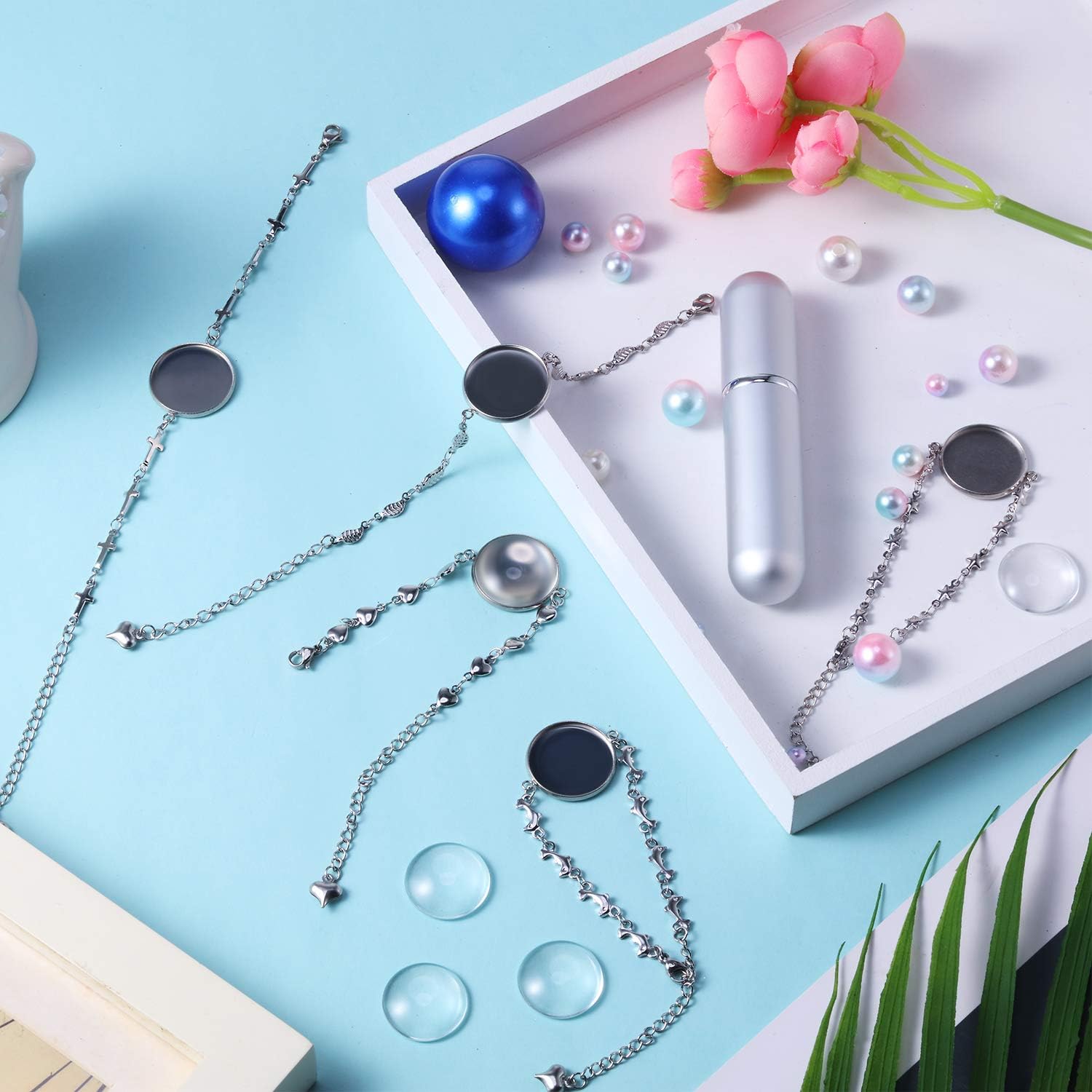 Hicarer 40 Pieces Bracelet Bezel Settings for Jewelry Making, 20 Pieces 20mm Silver Bezel Bracelets Blank Tray Bangles and 20 Pieces 20mm Clear Glass Cabochons - Image 6