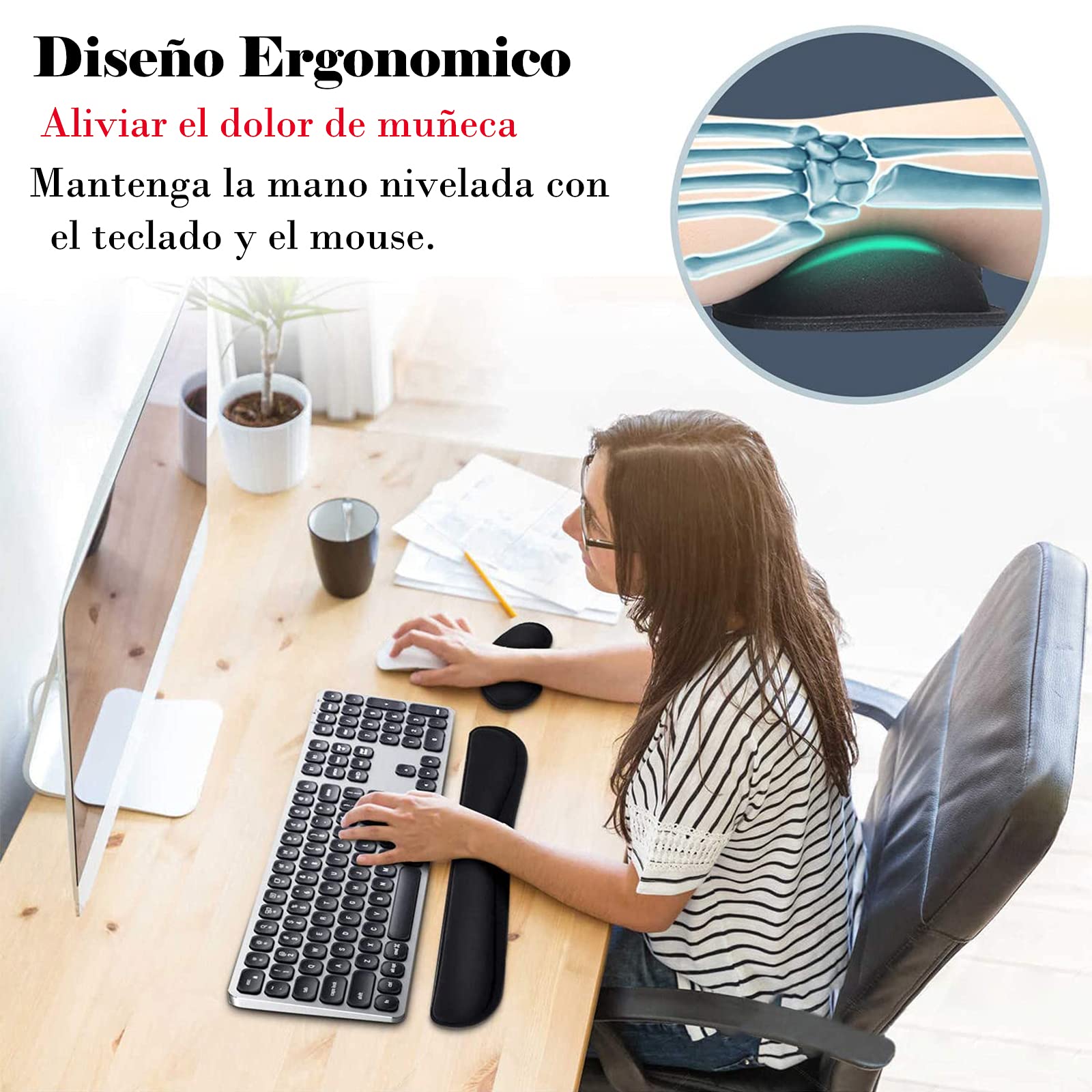 Juego De Reposamuñecas Ergonómico Para Teclado Y Mouse - Incluye Posavasos, Espuma Viscoelástica, Antideslizante - Color Tarot Negro
