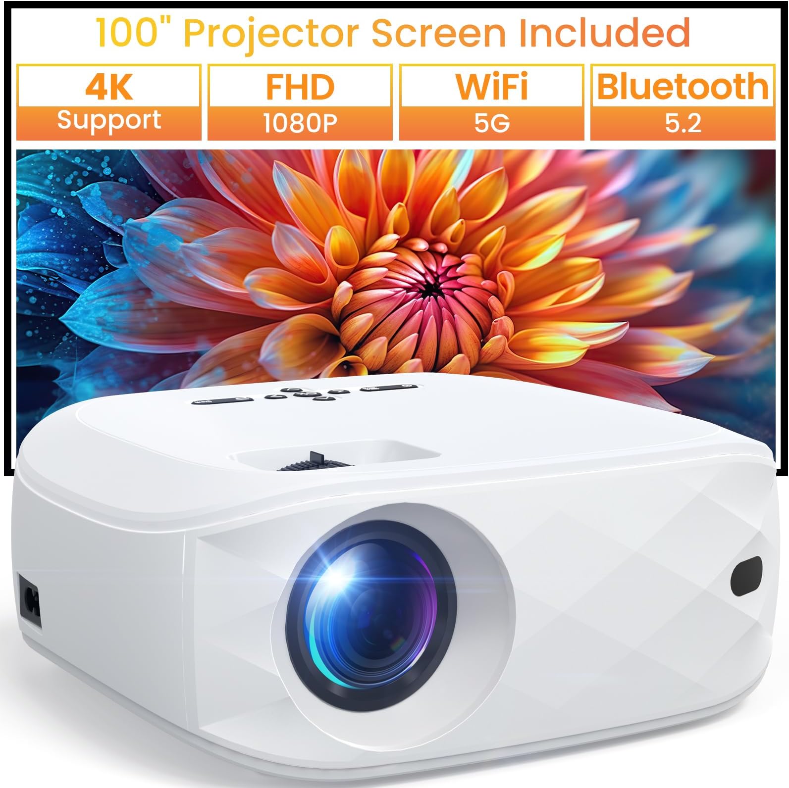 F5 5G WiFi Bluetooth Projector, Native 1080P Portable Projector with Screen and Bag, 12000L 4K Support 300" Outdoor Movie Projector, Compatible with Smartphone/HDMI/USB/AV/TV Stick/PS5