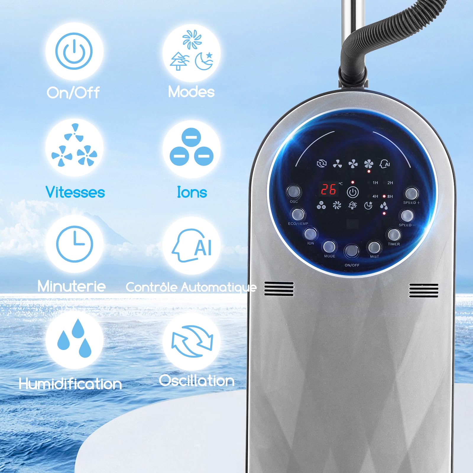 Aigostar Ventilateur Brumisateur sur Pied Puissant et Silencieux, 95W, Oscillation 80°, Ioniseur & Brume Ultrasonique, Réservoir 1.8L, 3 Modes, Minuterie 8H, Télécommande, Écran LED - Forest Mist
