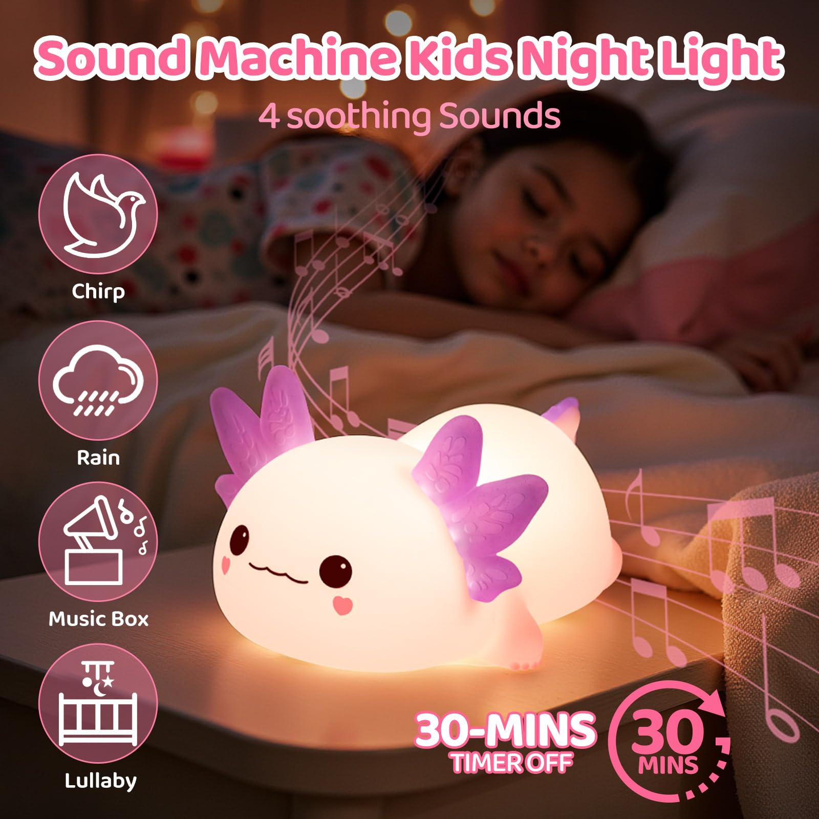 Mewaii Huggwaii Squishy Axolotl Night Light for Kids 4 Soothing White Noise Sounds - Image 4