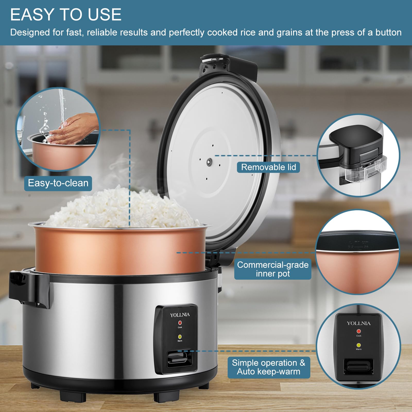Cuiseur de Riz [23L Grande Capacité] Pour 50-80 personnes, antiadhésif, sans le brûler, avec fonction maintien au chaud, 2500 W, Bol antiadhésif amovible lavable,acier inoxydable…