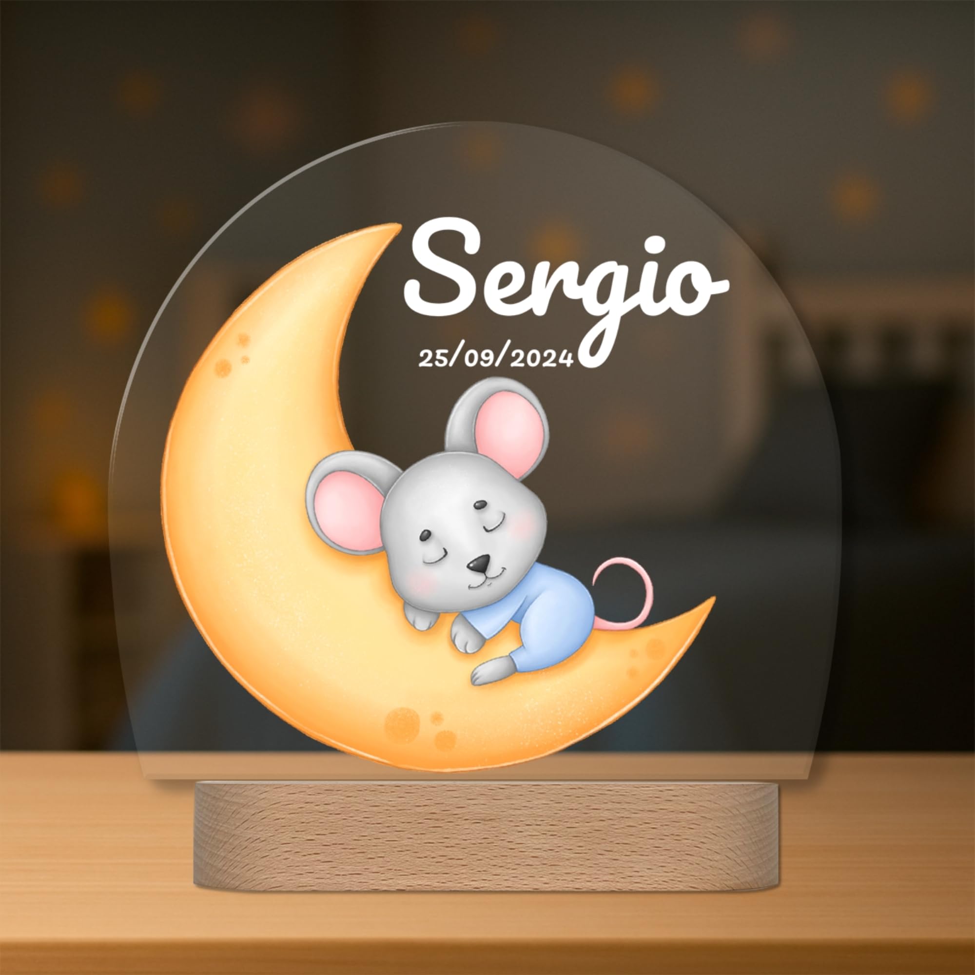 Lámpara Infantil Personalizada con Nombre y Fecha - Luz Quitamiedos LED - Regalo Bebé Recién Nacido, Bautizo o Cumpleaños - Decoración Infantil (Ratón)