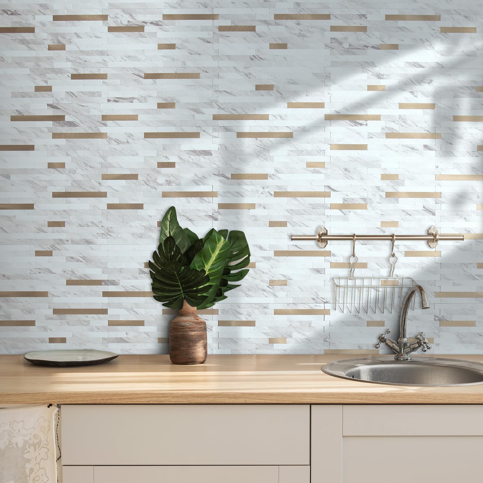 AULIGET 20 Sheets Faux Stone White Marble Peel and Stick Backsplash, PVC Mixed Metal Champagne Gold Wall Tile Stick on Backsplash for Kitchen and Bathroom - 3