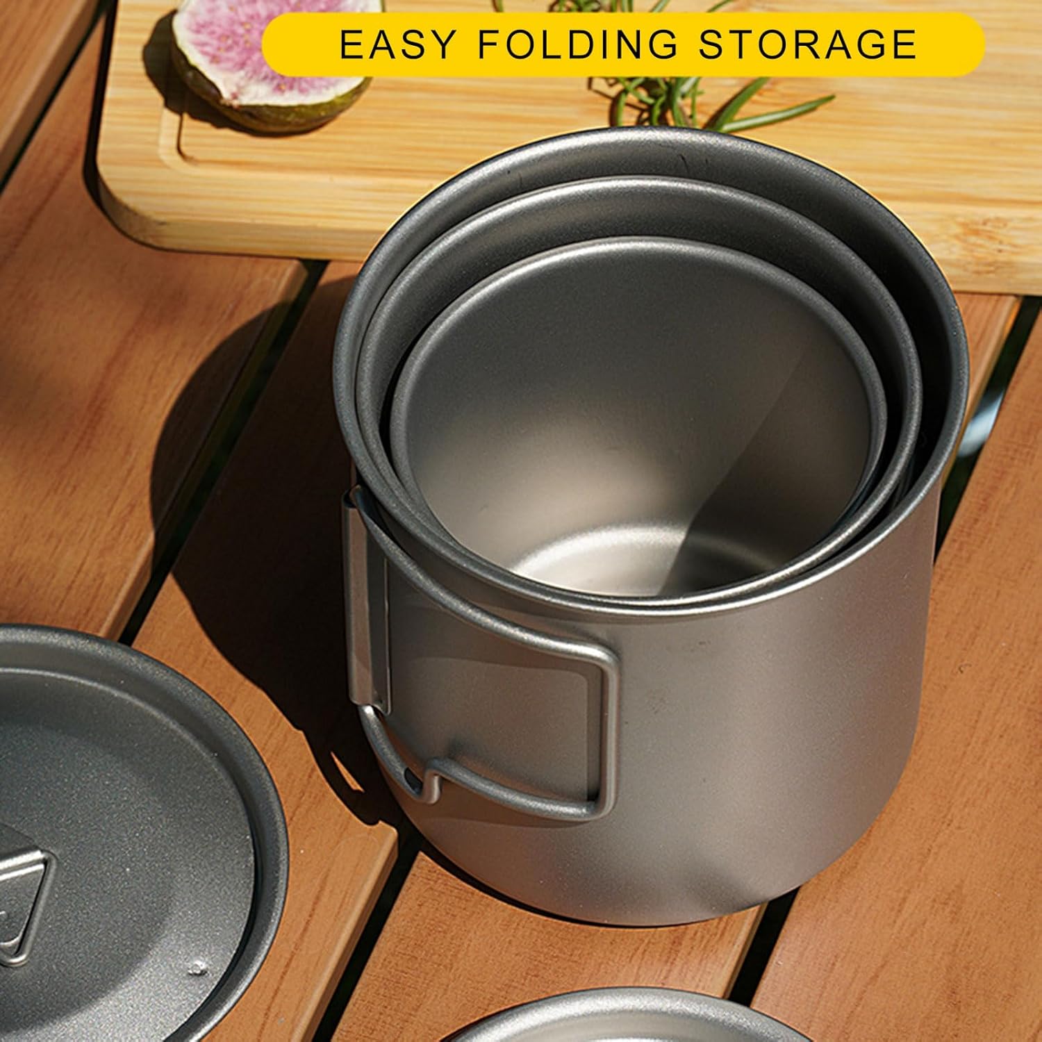 ポータブルメタルマグカップ アウトドア キャンプ ピクニック ウォーター食器 バックパッキング 調理器具 ポット 折りたたみハンドル