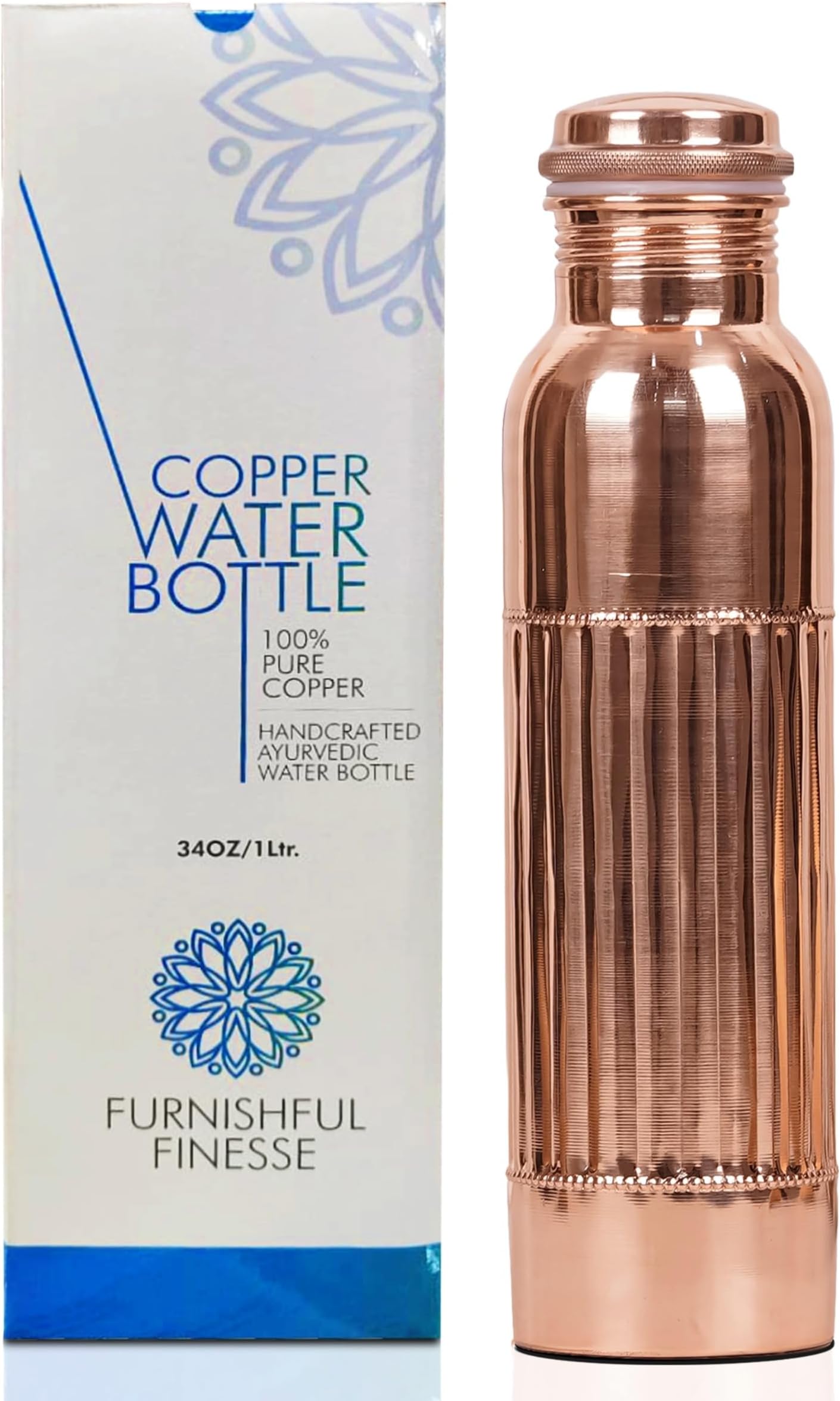 Pure Copper Water Bottle 34oz (1 Liter) - 100% Handmade Ayurvedic Copper Vessel, Leak Proof, BPA Free, Large Antique Design for Gym, Yoga, Hiking & Office - 1000 ml, Natural