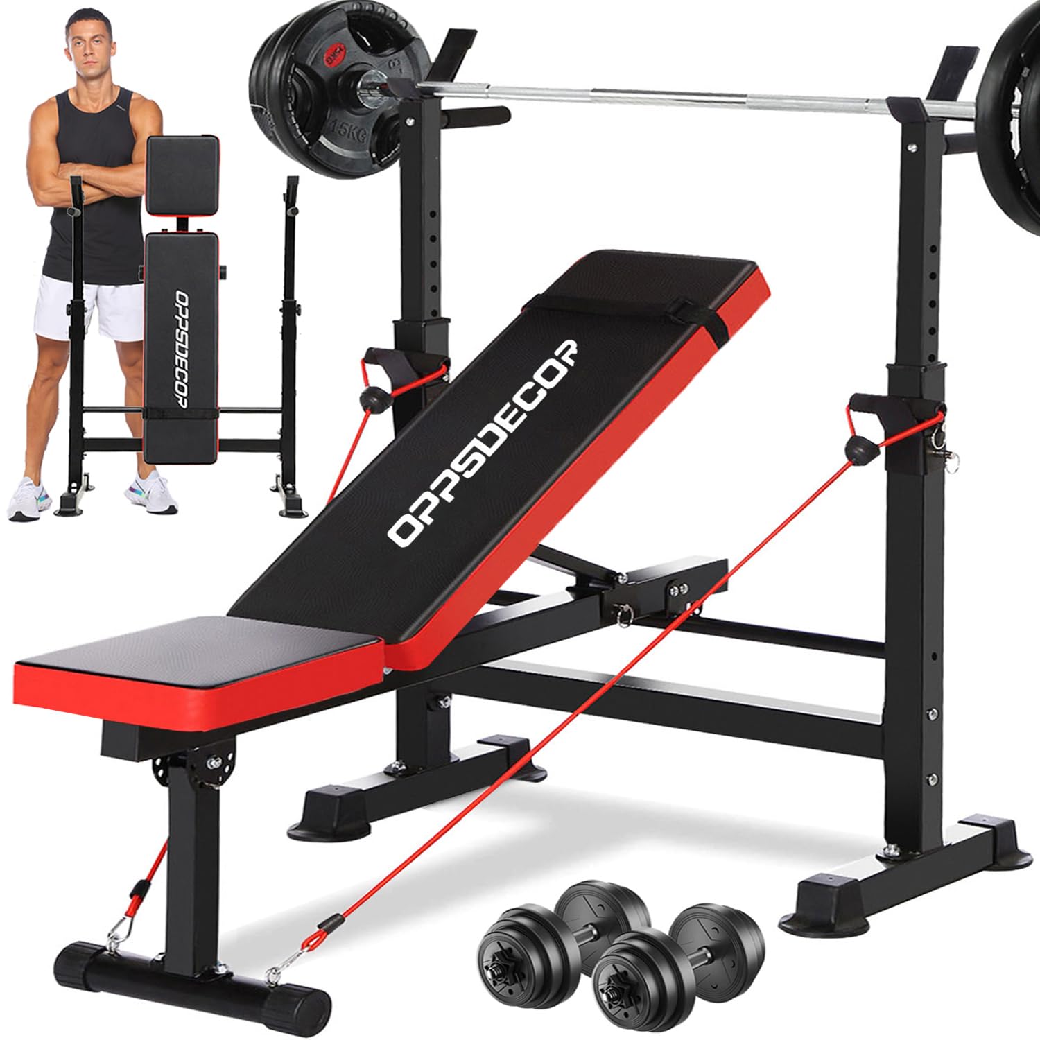 OPPSDECOR 6 in 1 900LBS Weight Bench with Leg Extension and Leg Curl, Foldable Bench Press Set and Squat Barbell Rack with Preacher Curl, Adjustable
