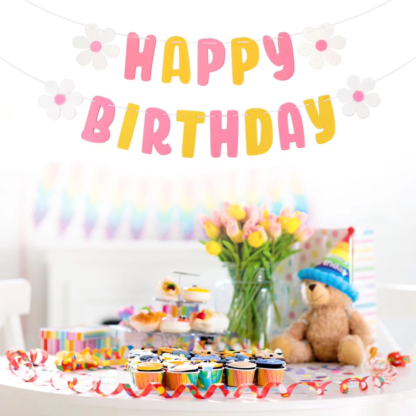 Happy Birthday Banner Aus Filz – Pastellfarben Mit Blumen, Vorgefädelt, Für Wand- & Partydeko